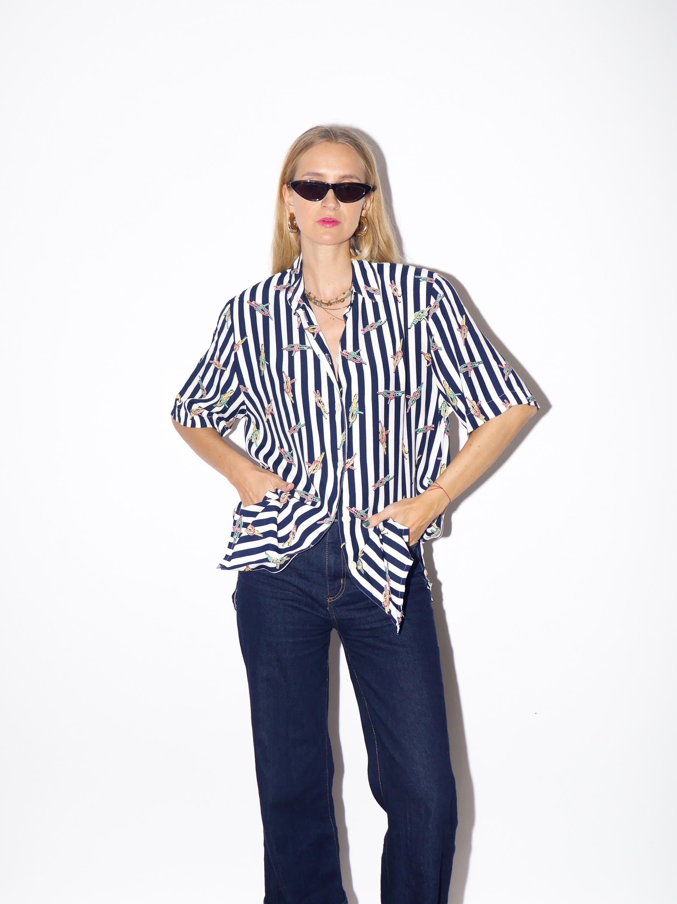1980s Striped Shirt - Vintage Navy Blue/White Oversize Shirt with Big Shoulder Pads and Marine Pattern, Retro Viscose Short Sleeve Shirt