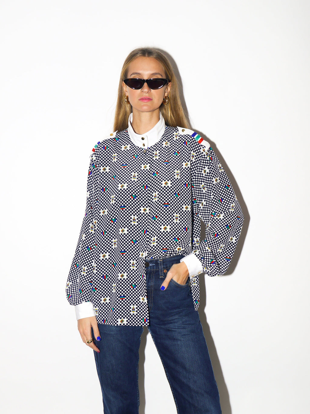 VINTAGE shirt 1980s | Yarell marine shirt | chequered shirt | soft fabric | stand-up collar shirt | white and black checkered pattern