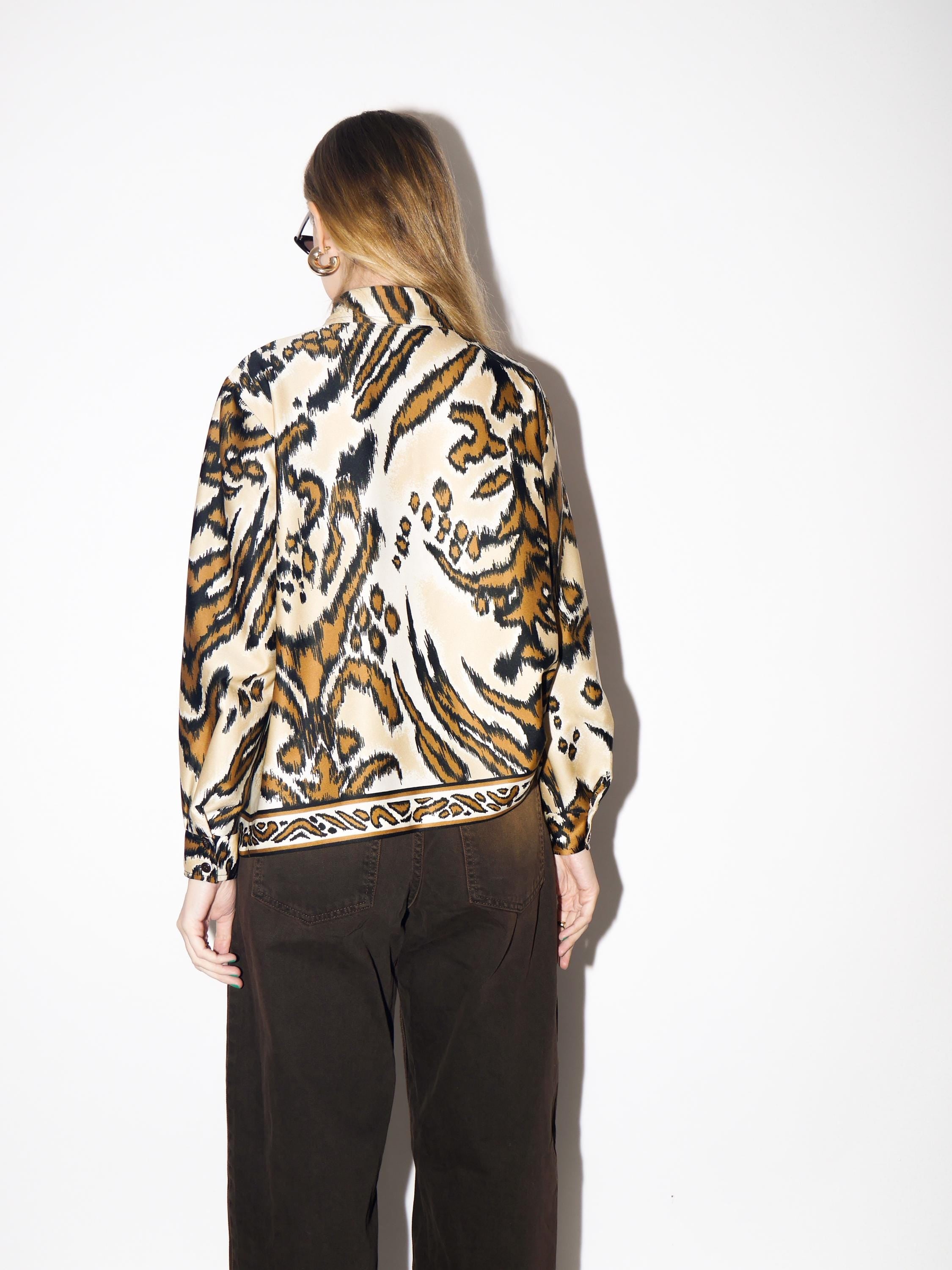 VINTAGE Beige & Brown Animal Print Blouse from 1980s | Vintage Tiger Print Shirt