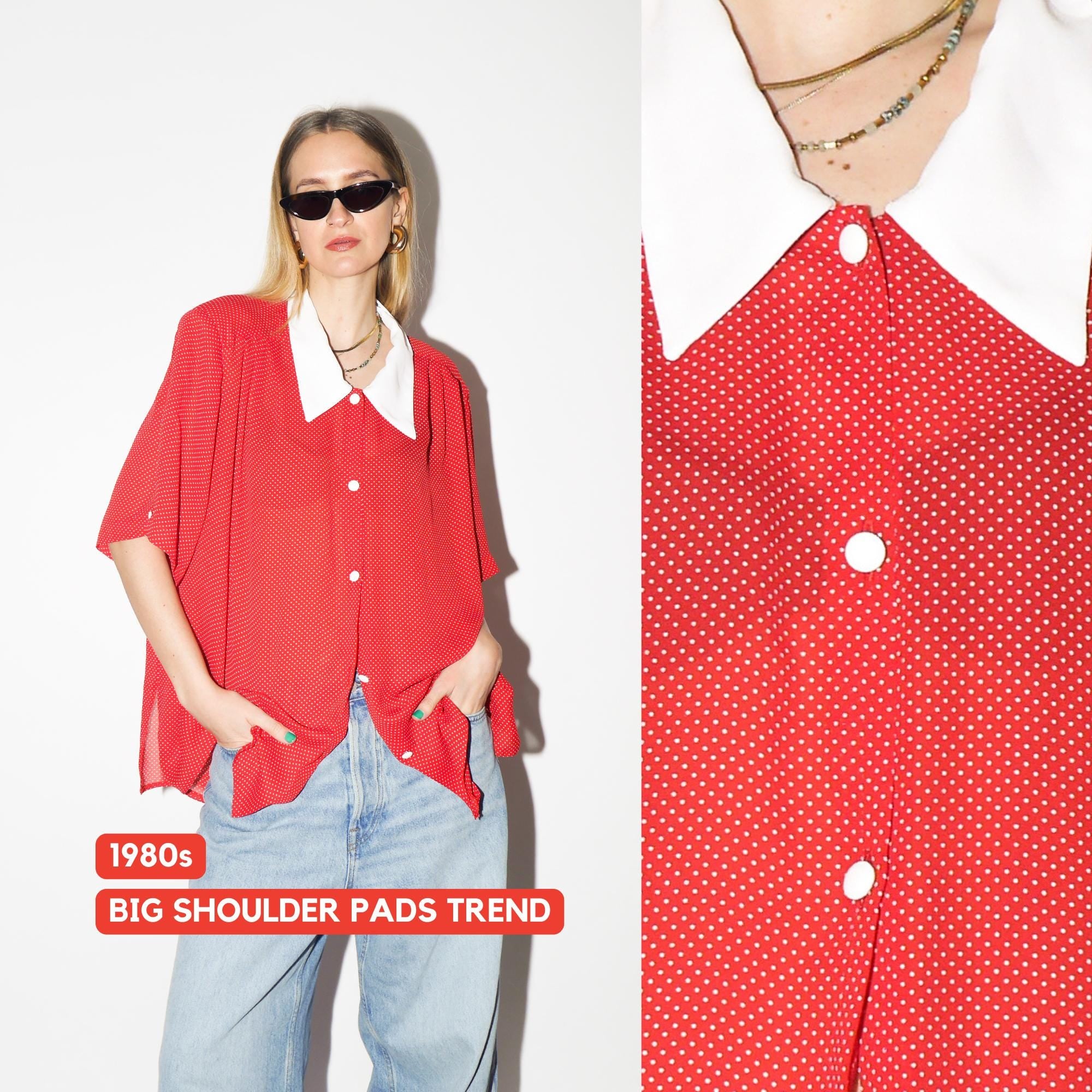 VINTAGE Red Polka Dot Blouse from 1980s | Oversized Short Sleeve Retro Shirt