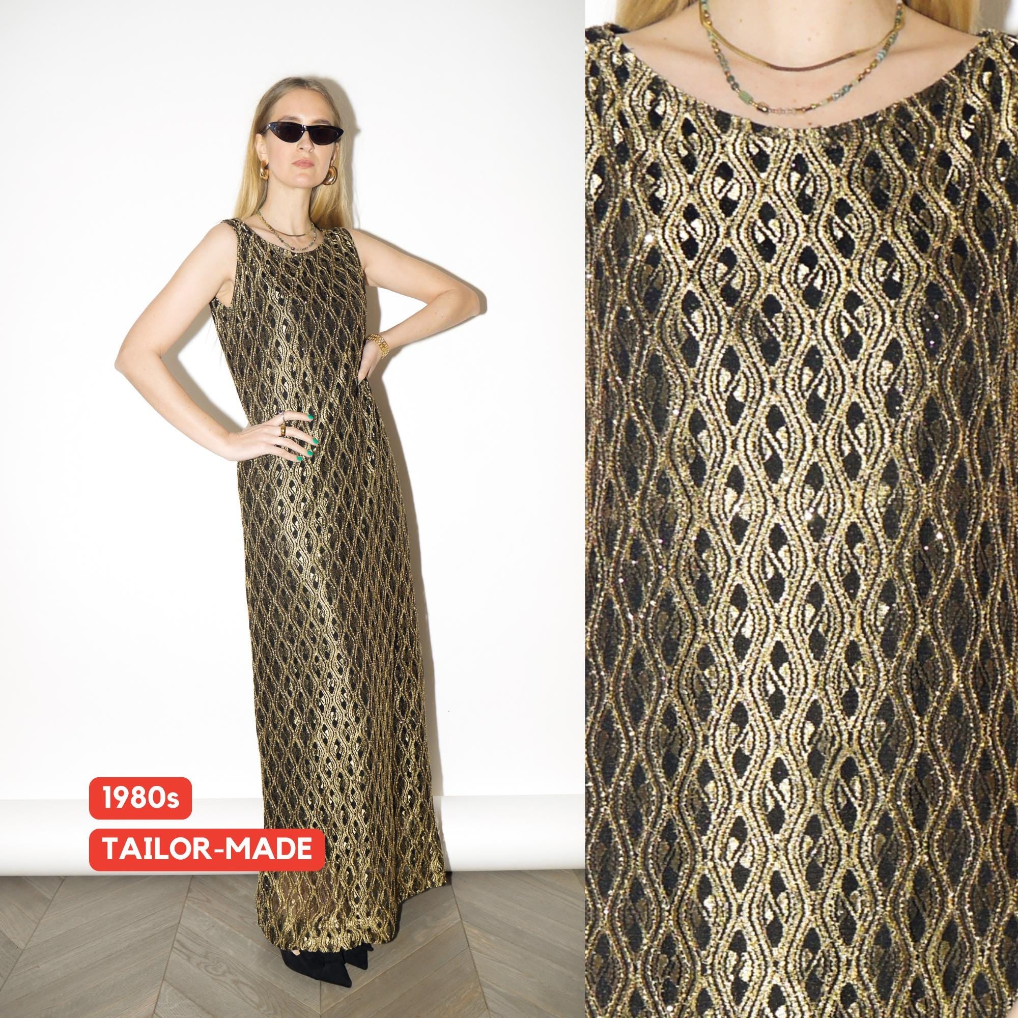 VINTAGE Gold Glittery Maxi Dress from 1980s | Sleeveless Long Evening Dress