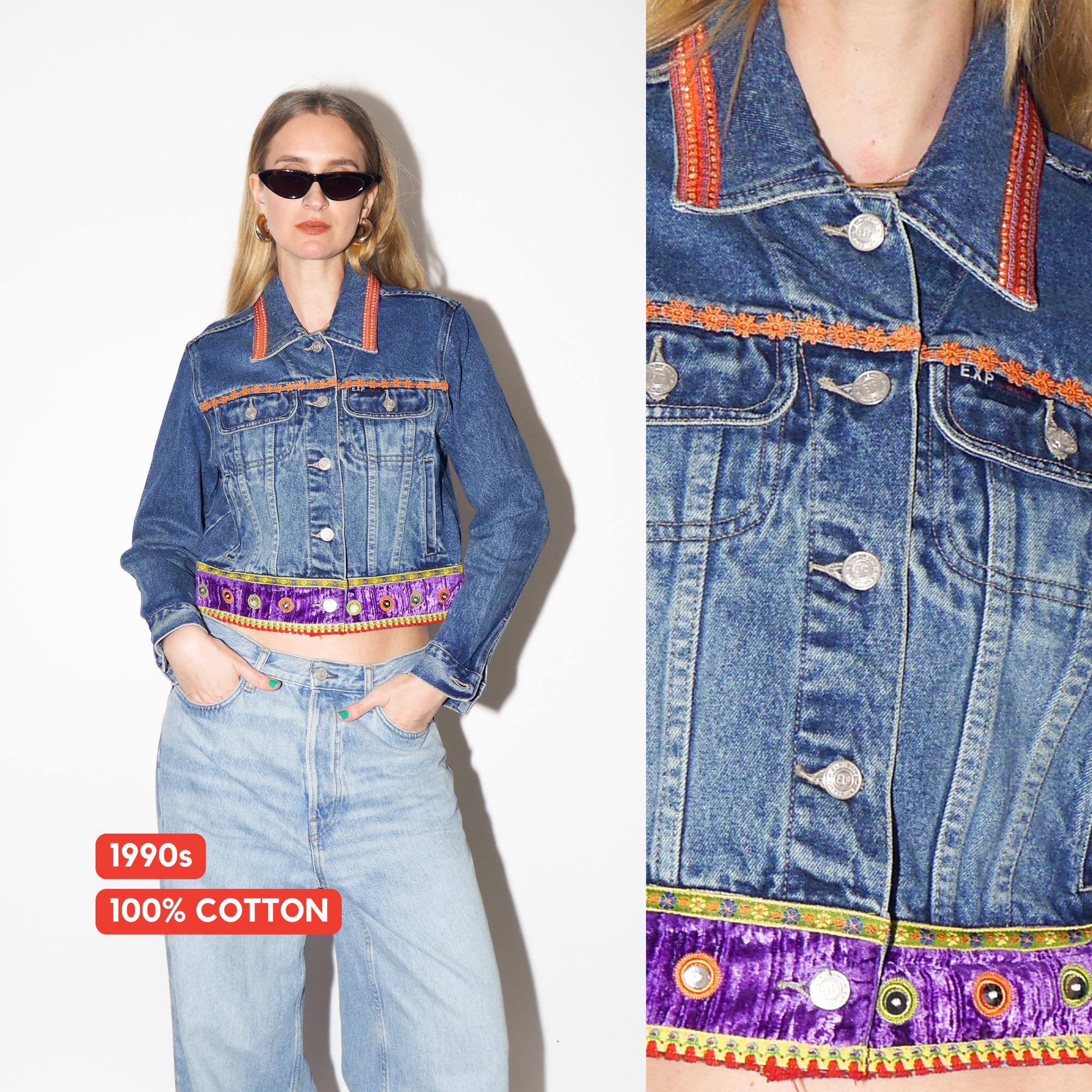 VINTAGE Cropped Jeans Jacket with Hippie Boho Elements from 1990s