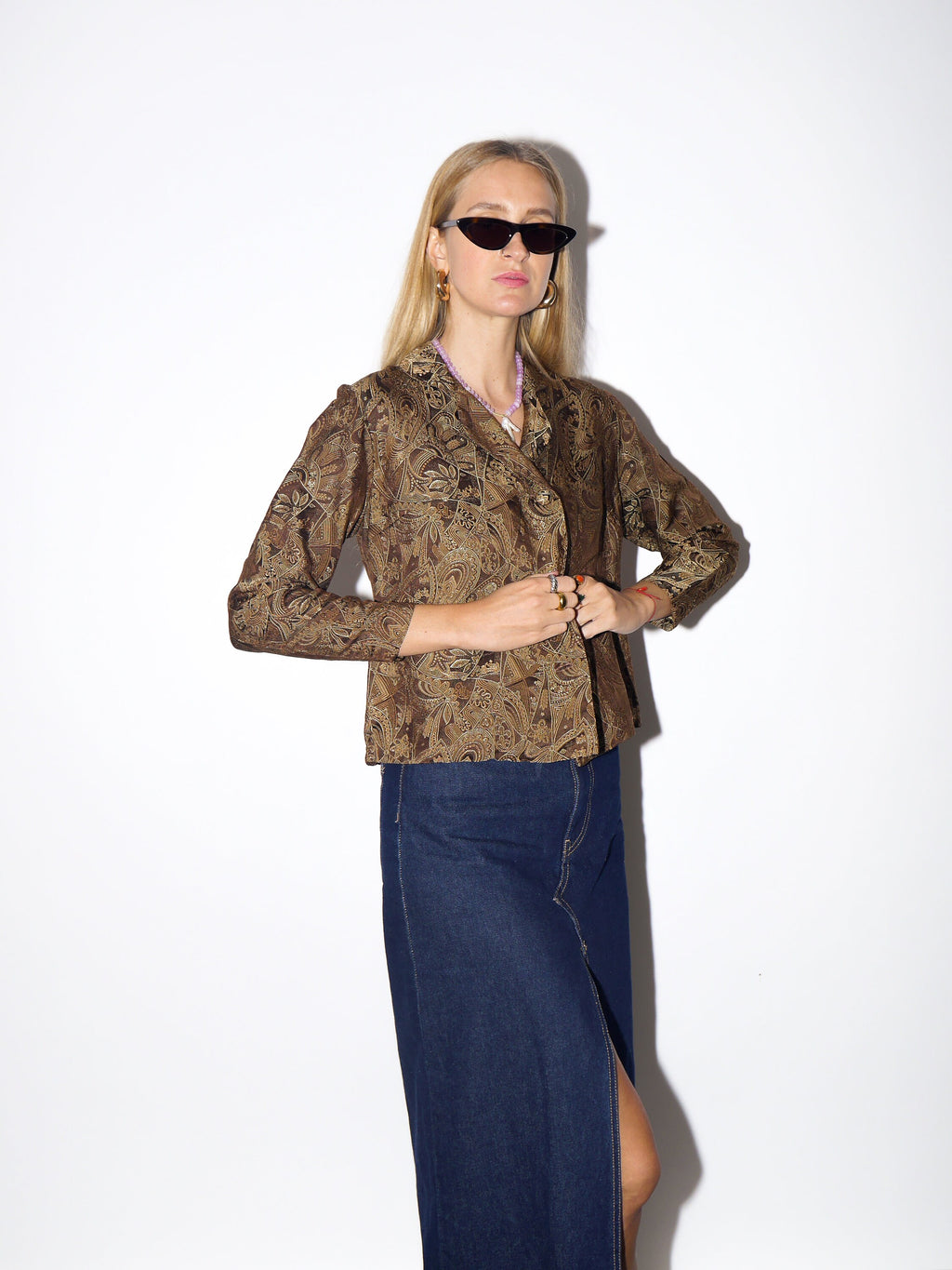VINTAGE brown patterned silk jacket blouse blazer | handmade from 1980s | premium quality retro jacket blouse style with creamy lining