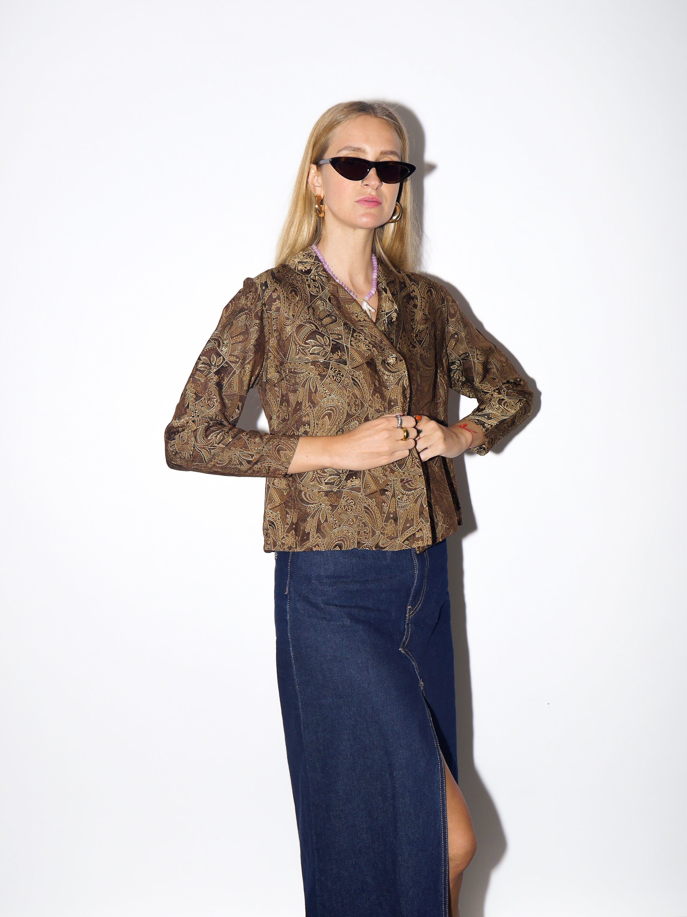 VINTAGE brown patterned silk jacket blouse blazer | handmade from 1980s | premium quality retro jacket blouse style with creamy lining