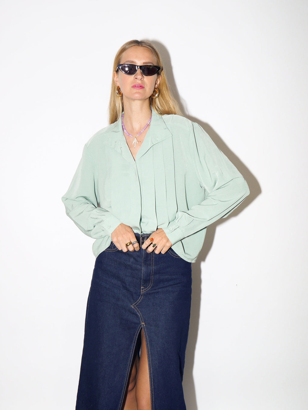VINTAGE pastel green womens blouse with a stand-up collar and pleats at the front from 1980s | retro style