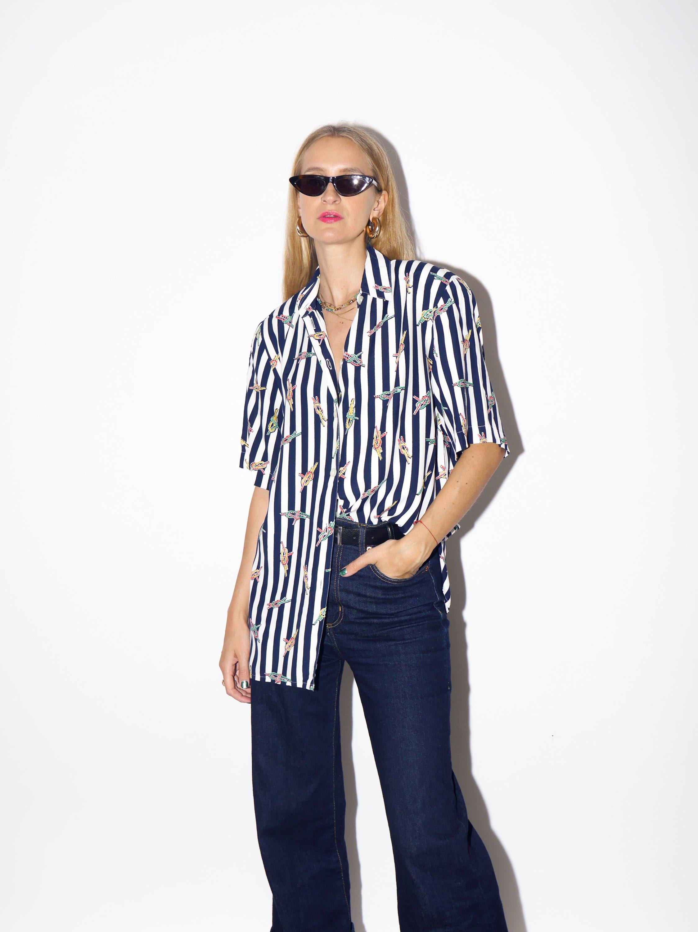1980s Striped Shirt - Vintage Navy Blue/White Oversize Shirt with Big Shoulder Pads and Marine Pattern, Retro Viscose Short Sleeve Shirt