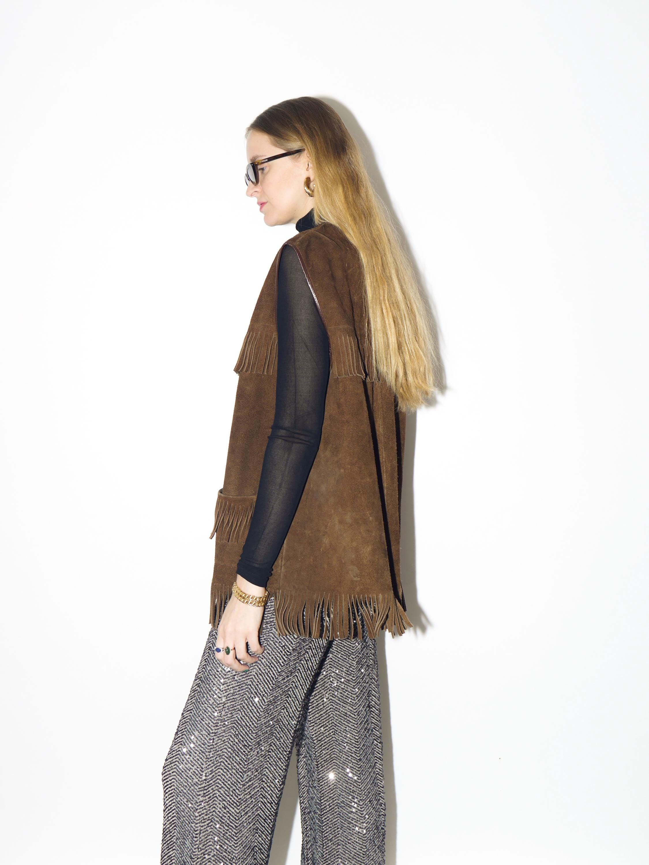 VINTAGE brown suede vest from 1980s | oversize vintage fringe suede waistcoat