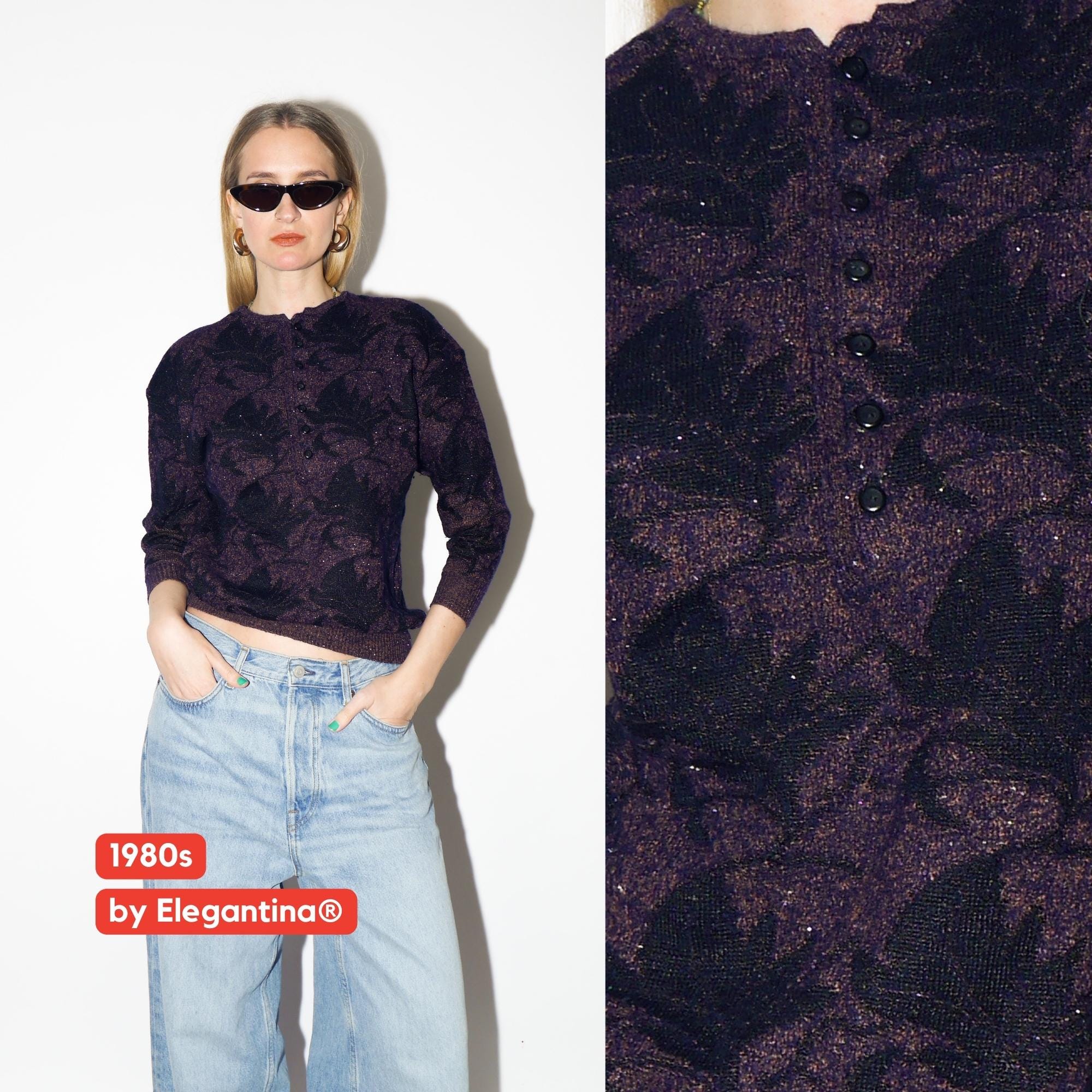 VINTAGE Purple Metallic Sweater from 1980s by Elegantina® in Floral Pattern
