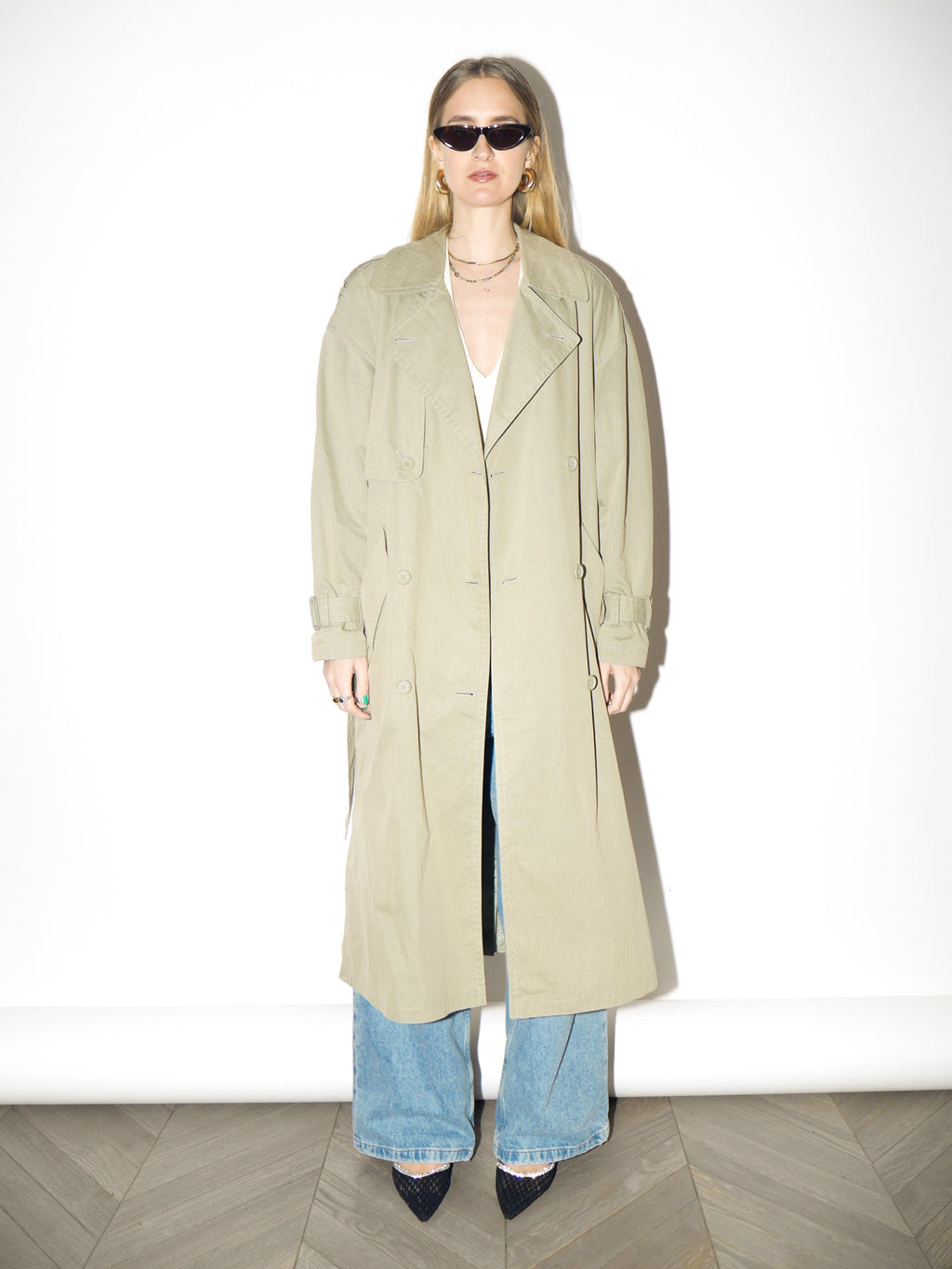 VINTAGE Khaki Maxi Trench Coat from 1980s | Oversized Cotton Trench