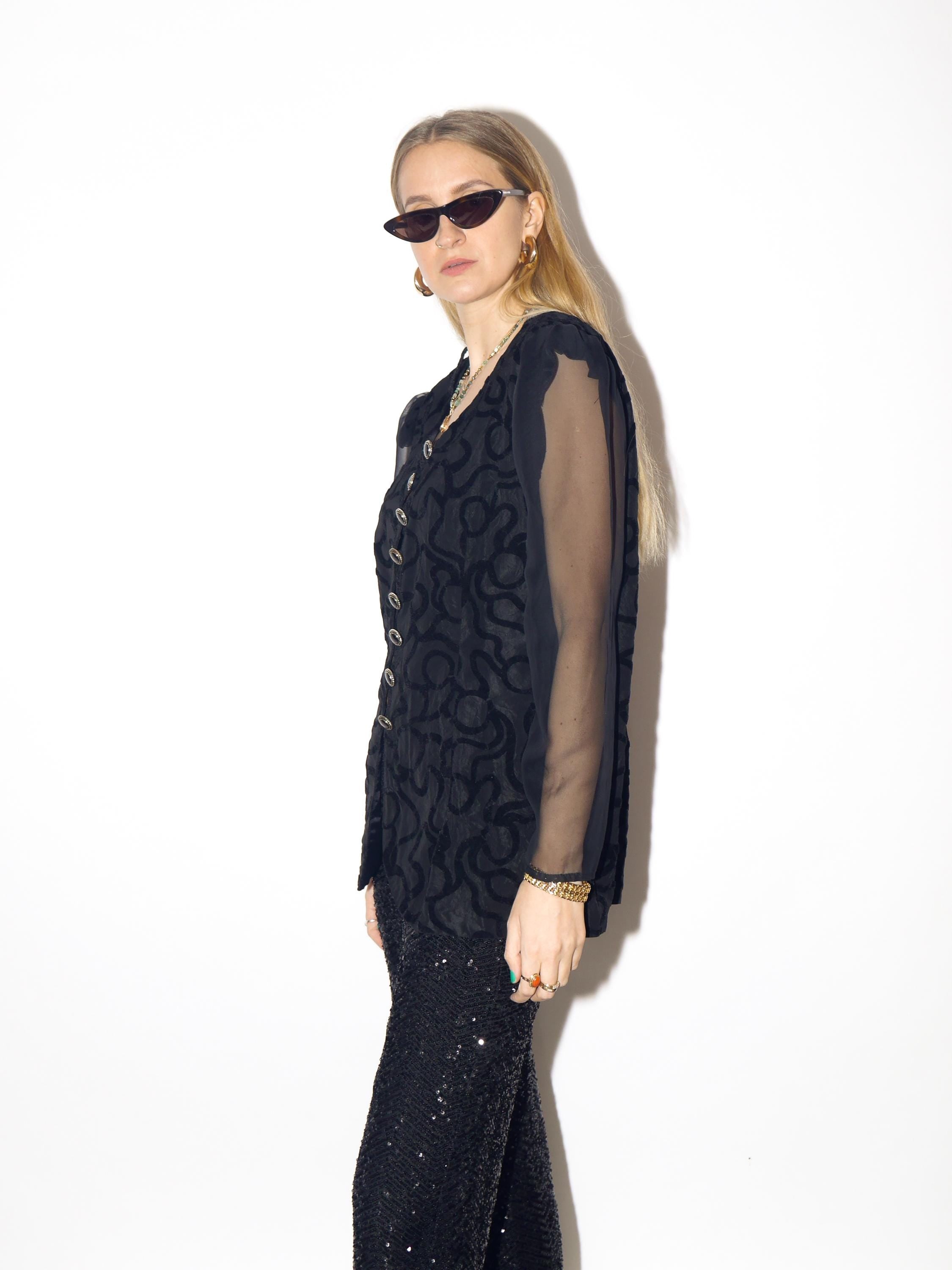 VINTAGE black blouse from 1980s with elegant sheer long sleeves & velvet pattern