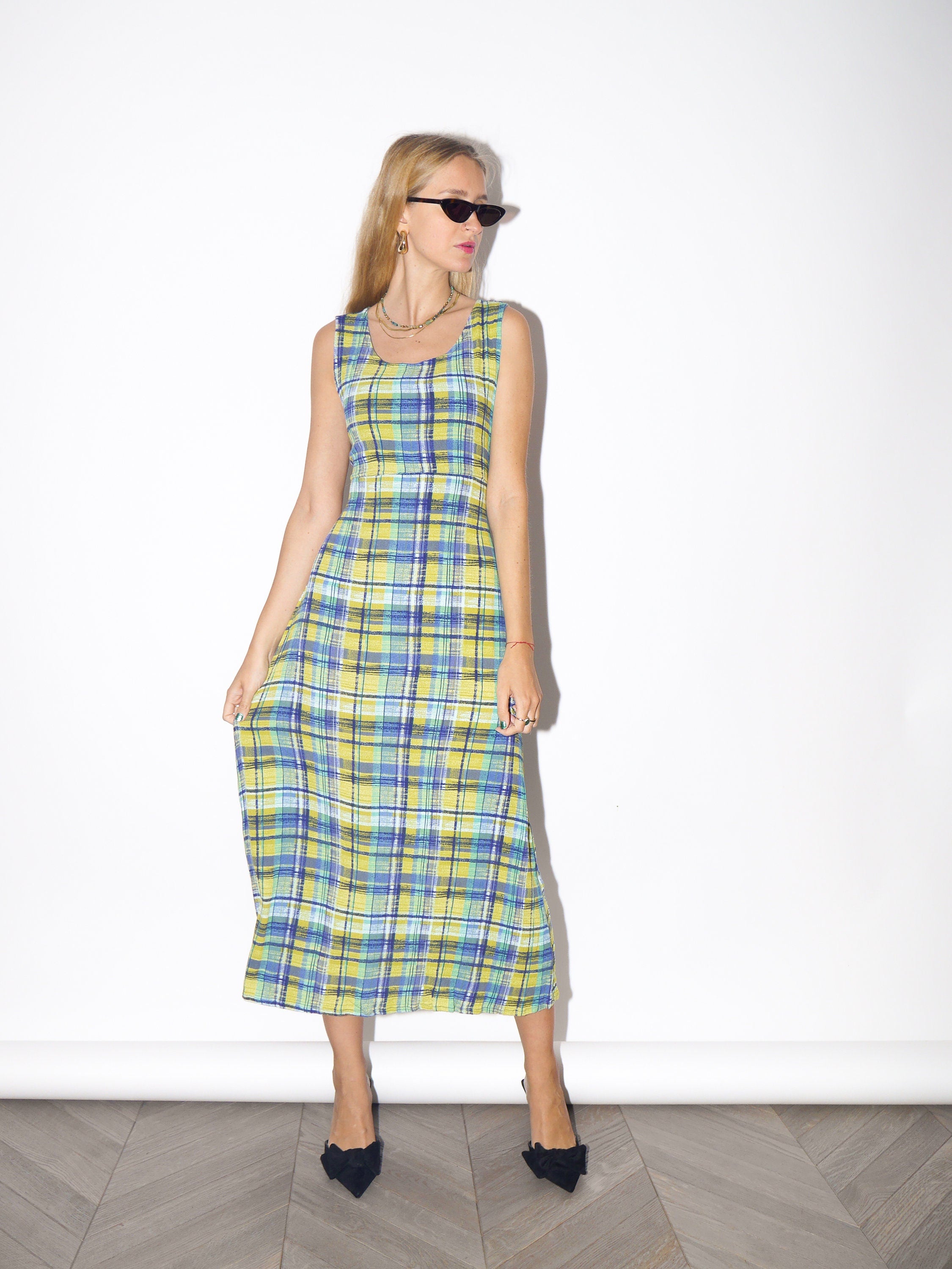 VINTAGE yellow/blue/green checkered dress made from structured elastic material by Blu the blu® from 1980s | retro long dress with back zip