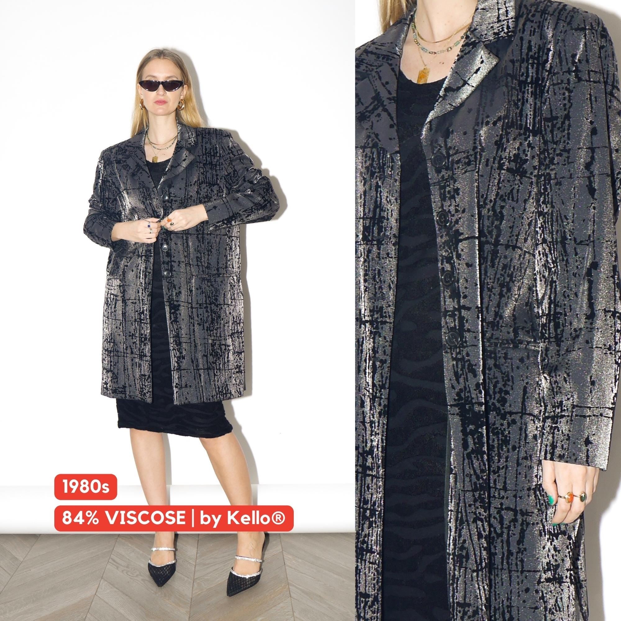 VINTAGE long silver viscose blazer from 1980s with metallic and velvet by Kello®