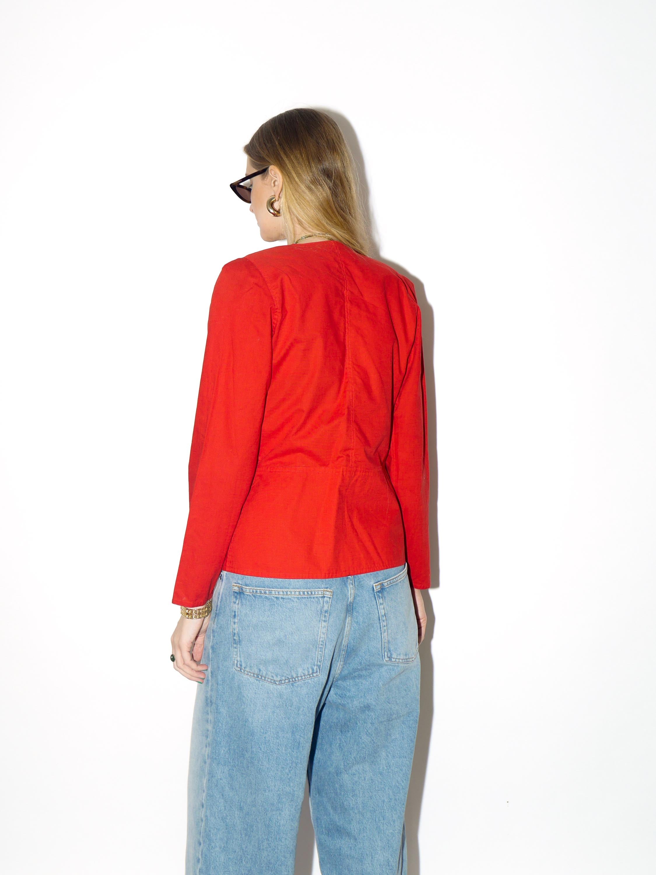 VINTAGE Cotton red blouse from 1980s with shoulder pads and peplum