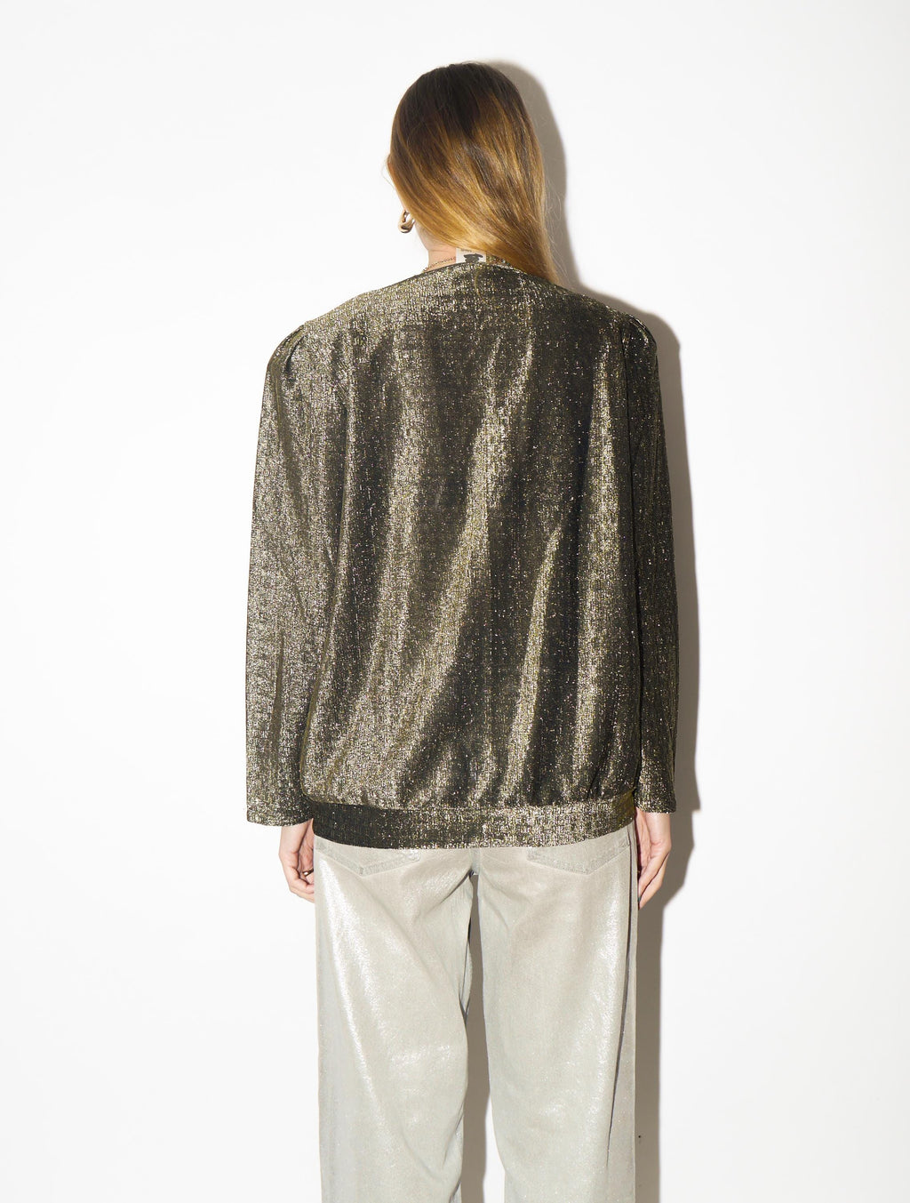 VINTAGE Gold Metallic Blouse from 1980s | Bow Detail & Big Shoulder Pads Blouse