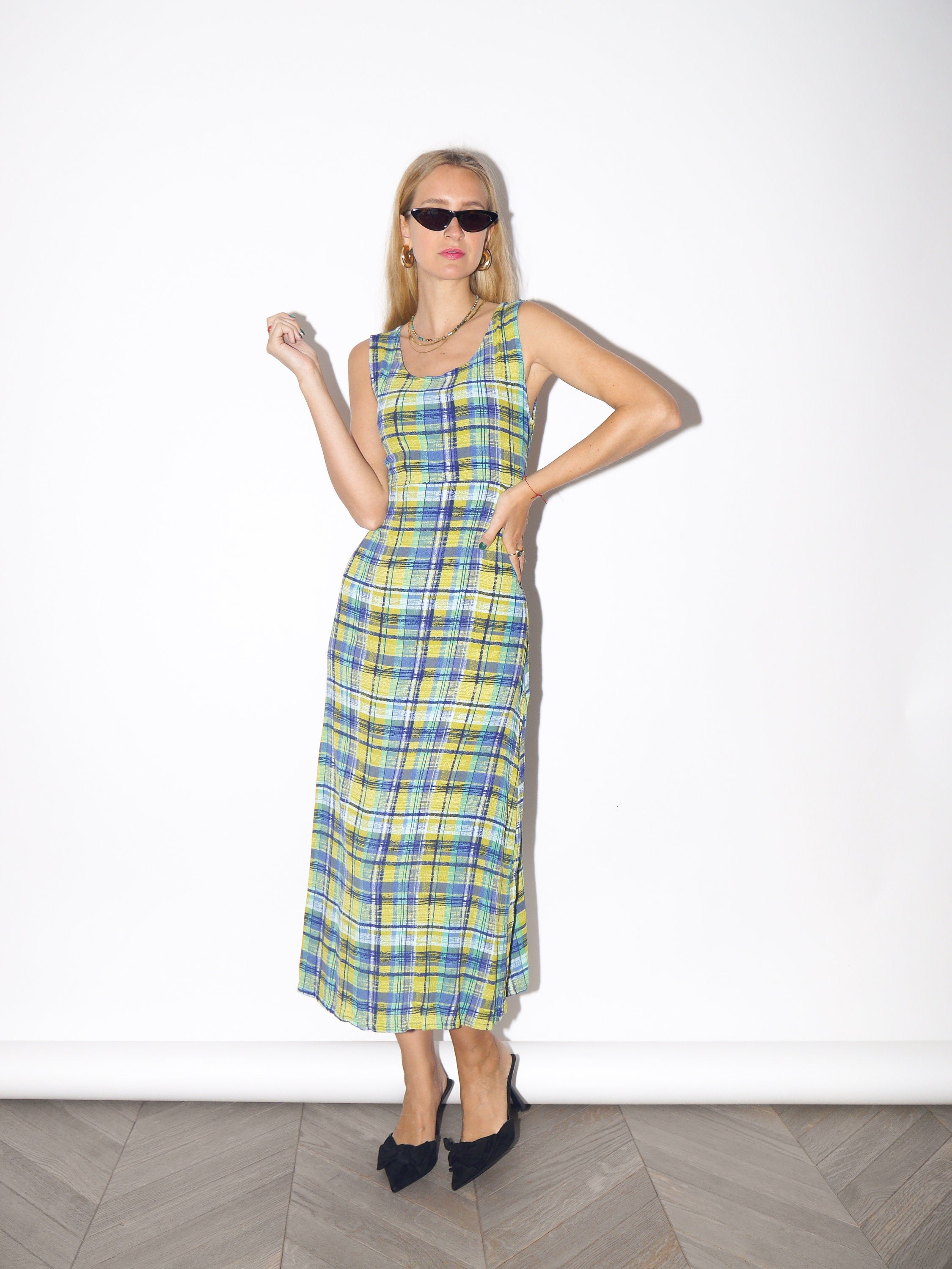 VINTAGE yellow/blue/green checkered dress made from structured elastic material by Blu the blu® from 1980s | retro long dress with back zip