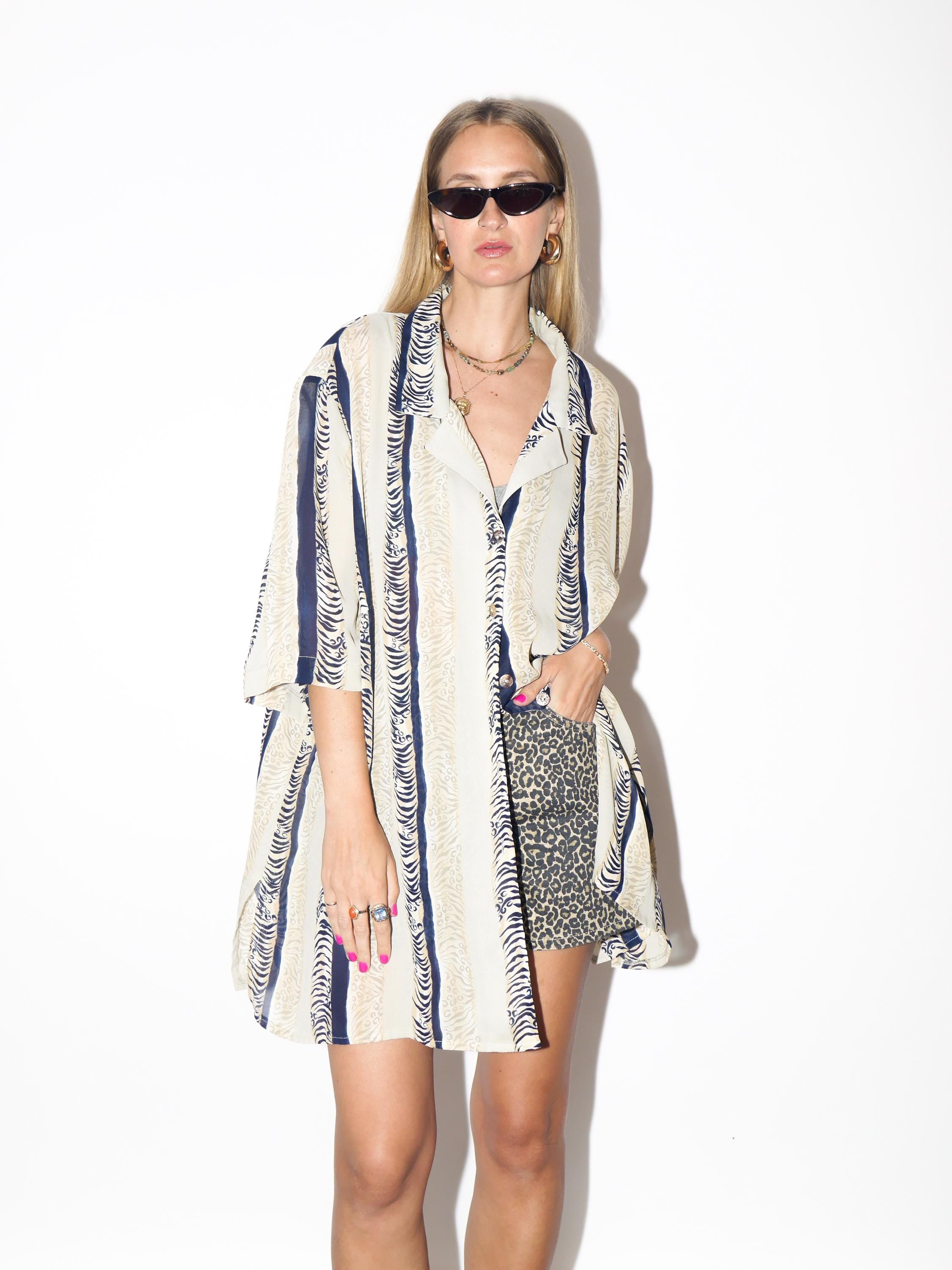 VINTAGE Oversized Beige Semi Sheer Animal Print And Navy Striped Shirt Dress With Opalescent Buttons From The 1980s By Canada