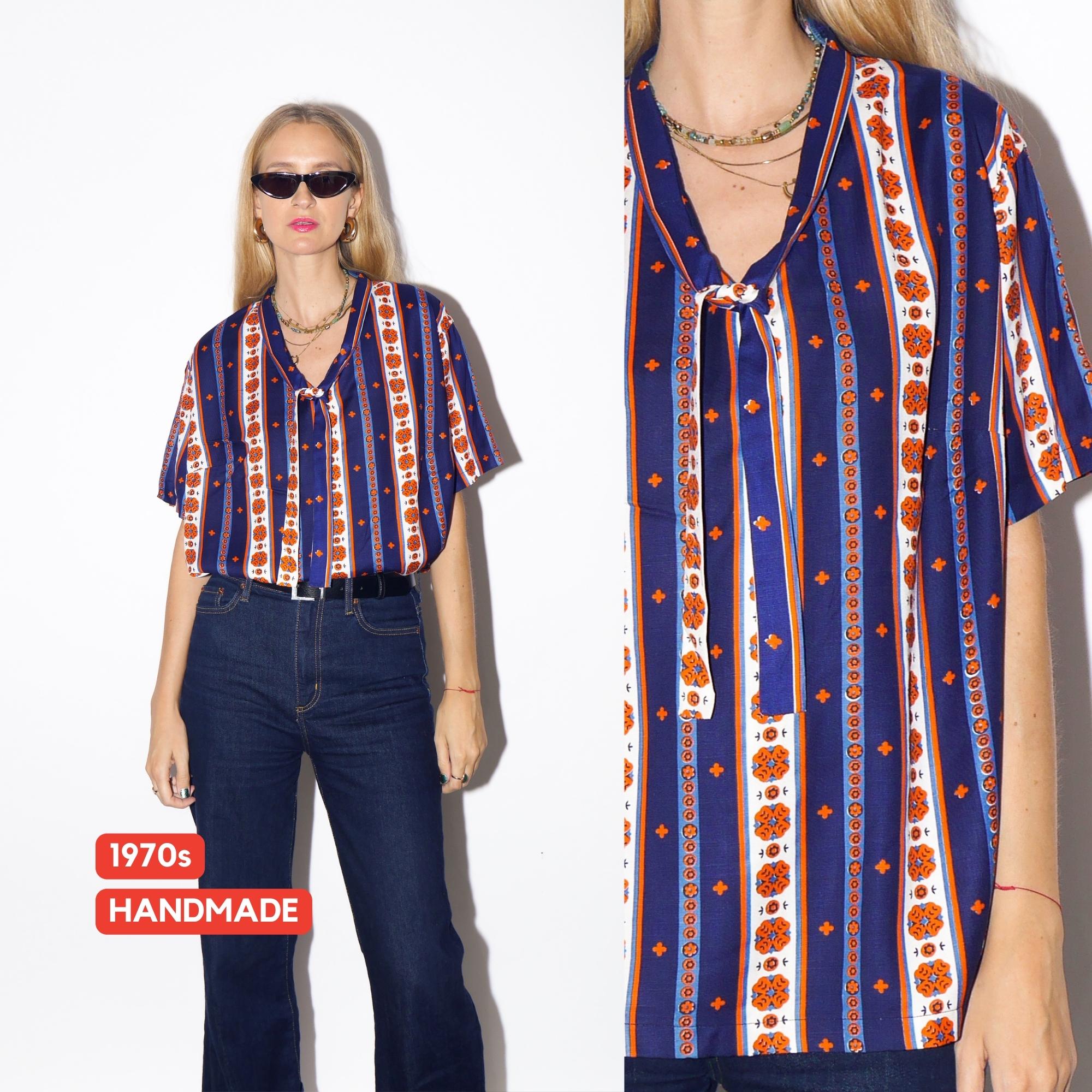 1970s Striped Blouse - Vintage Navy/Orange/White Vertical Striped Handmade Shirt with Folk Print and Front Bow, Retro Short Sleeve Blouse