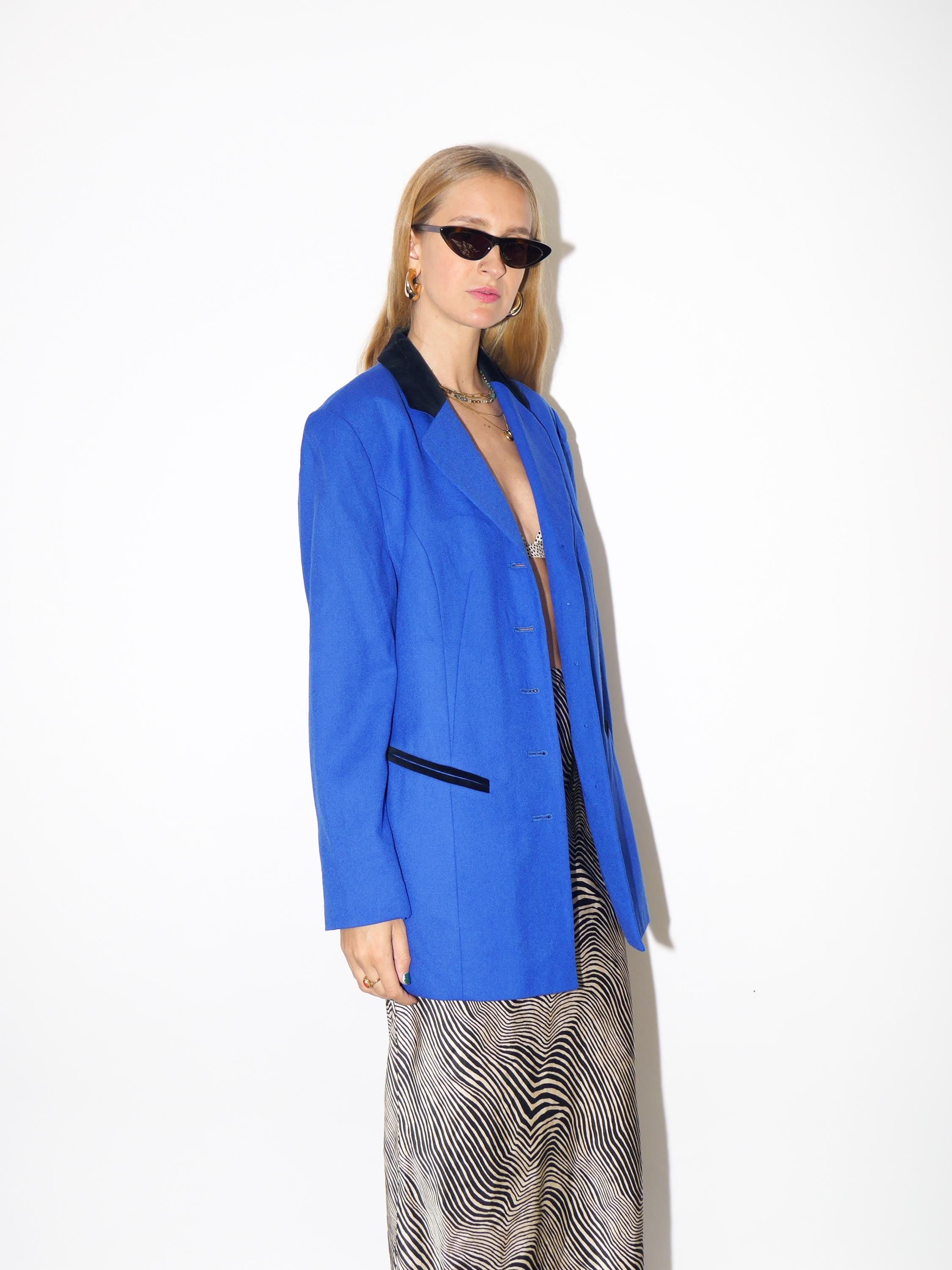1980s Blue Wool Blazer - Vintage Waisted Blazer with Velour Collar and Buttons by Avance Creation, Retro Fashion Clothing for Women