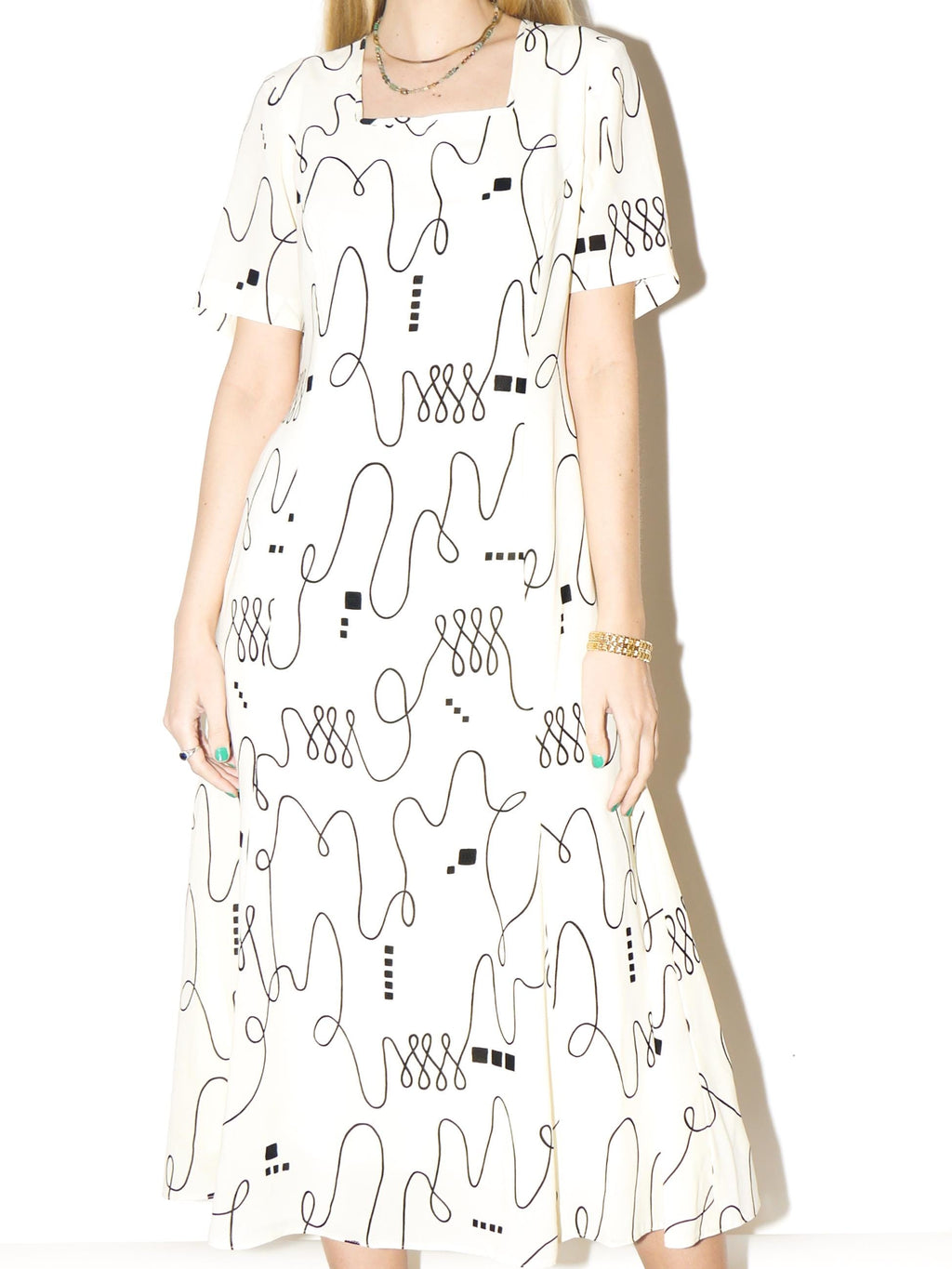 VINTAGE Off-White Midi A-Line Dress from 1980s | Square Neckline Midi Dress