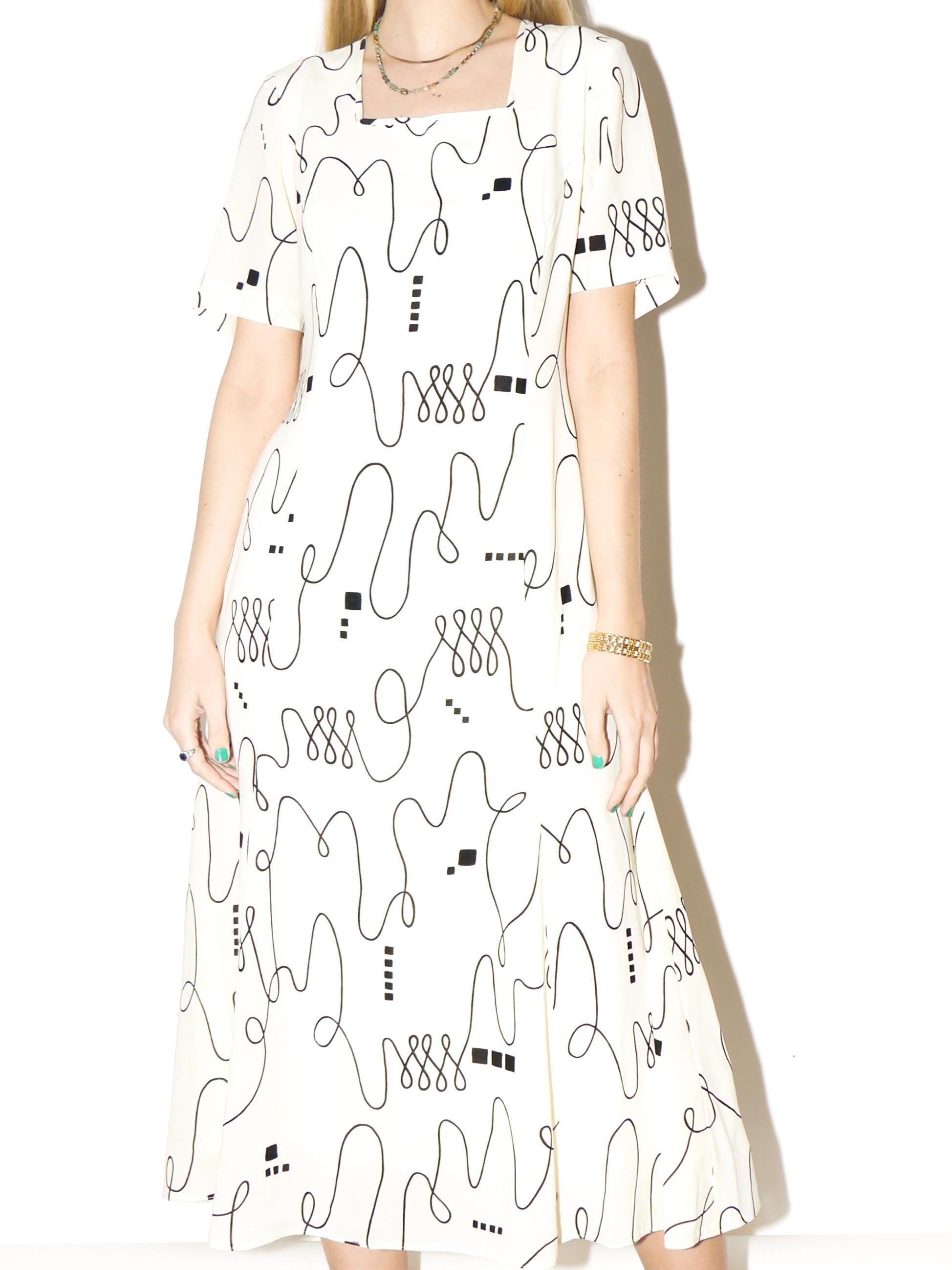 VINTAGE Off-White Midi A-Line Dress from 1980s | Square Neckline Midi Dress