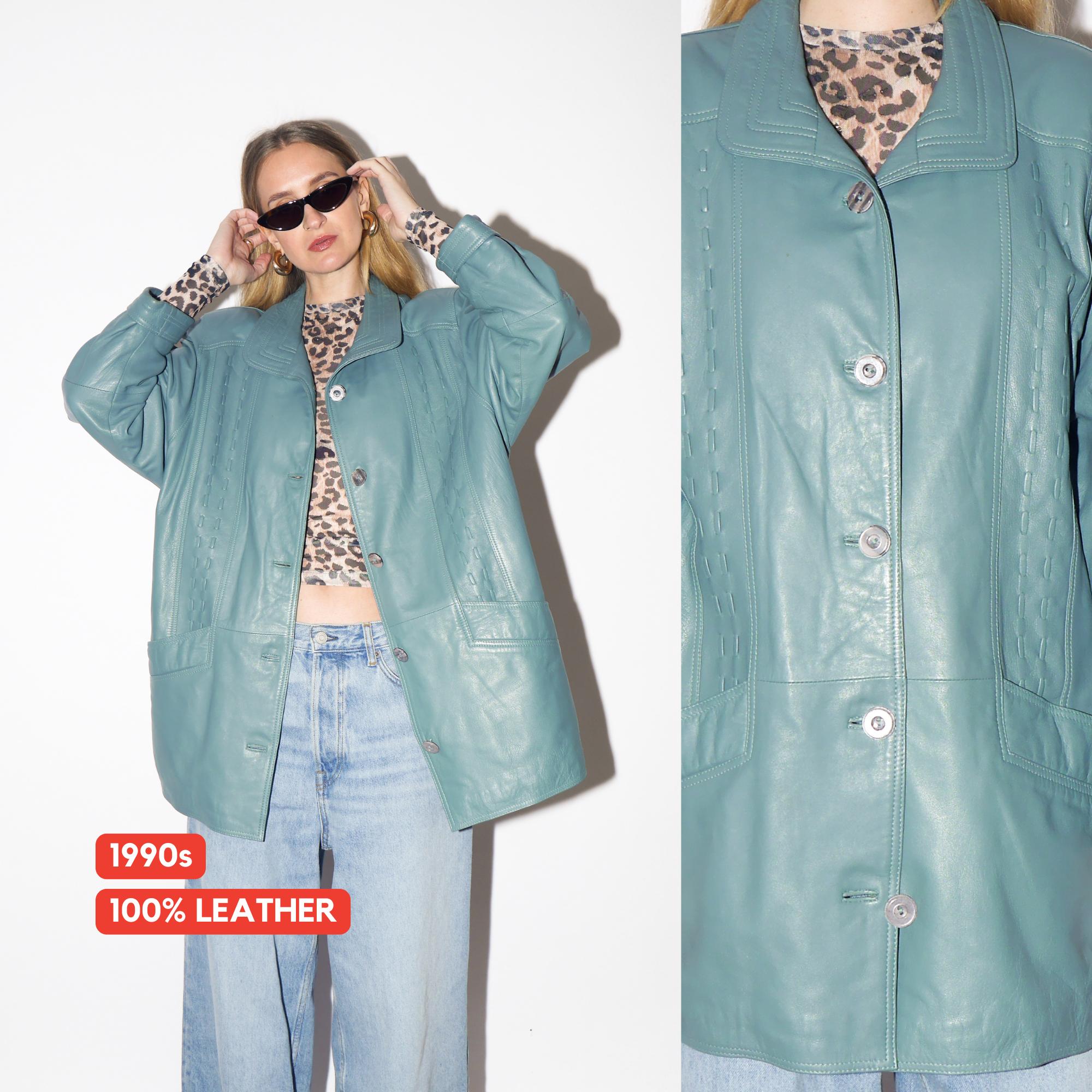 VINTAGE Blue Leather Jacket from 1990s | Oversize Blue Leather Jacket