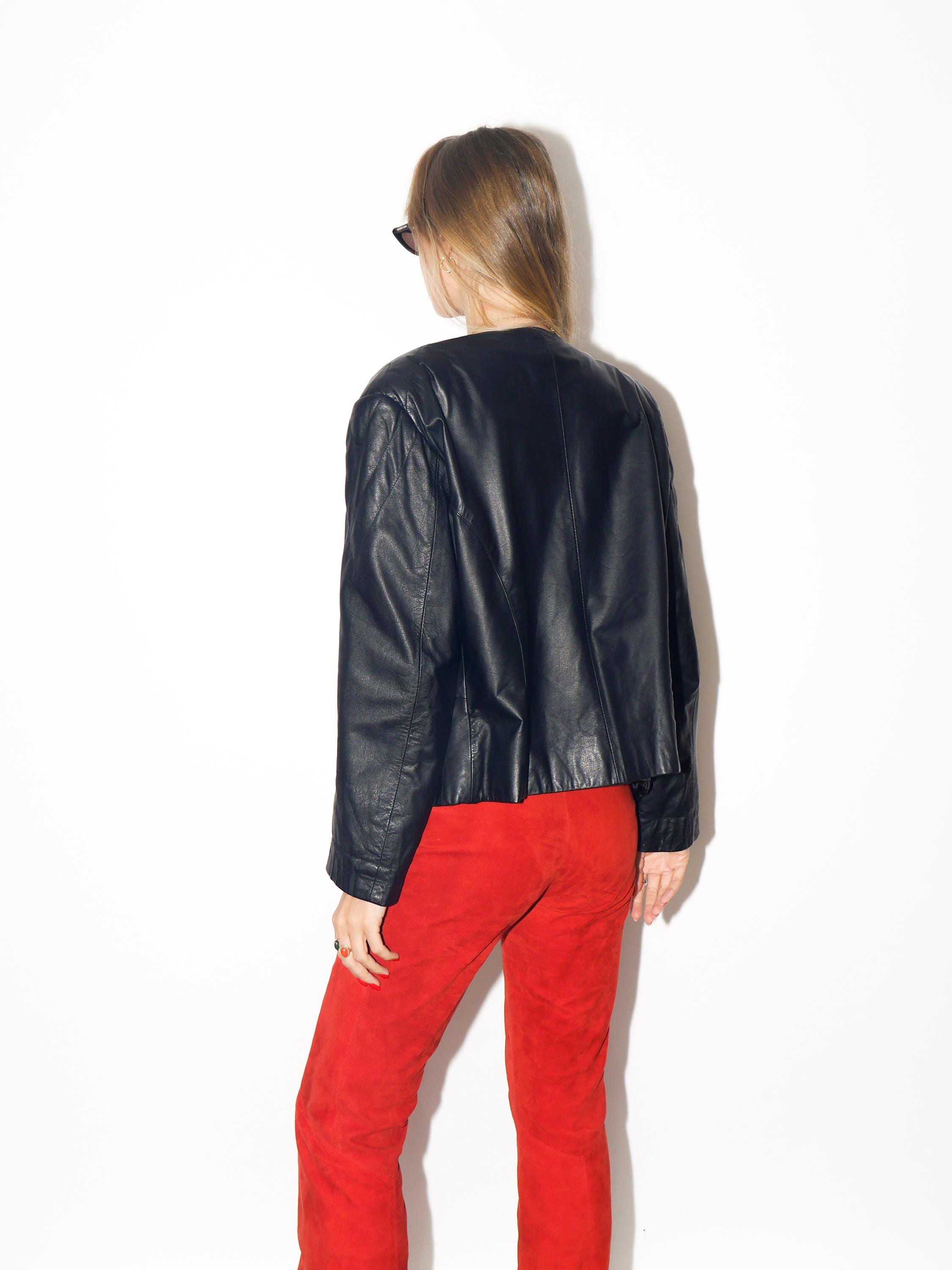 VINTAGE Black Cropped Leather Jacket With Shoulder Pads From The 1980s