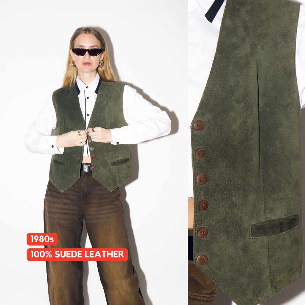 VINTAGE Bottle Green Suede Leather Vest from 1980s by Kippie®