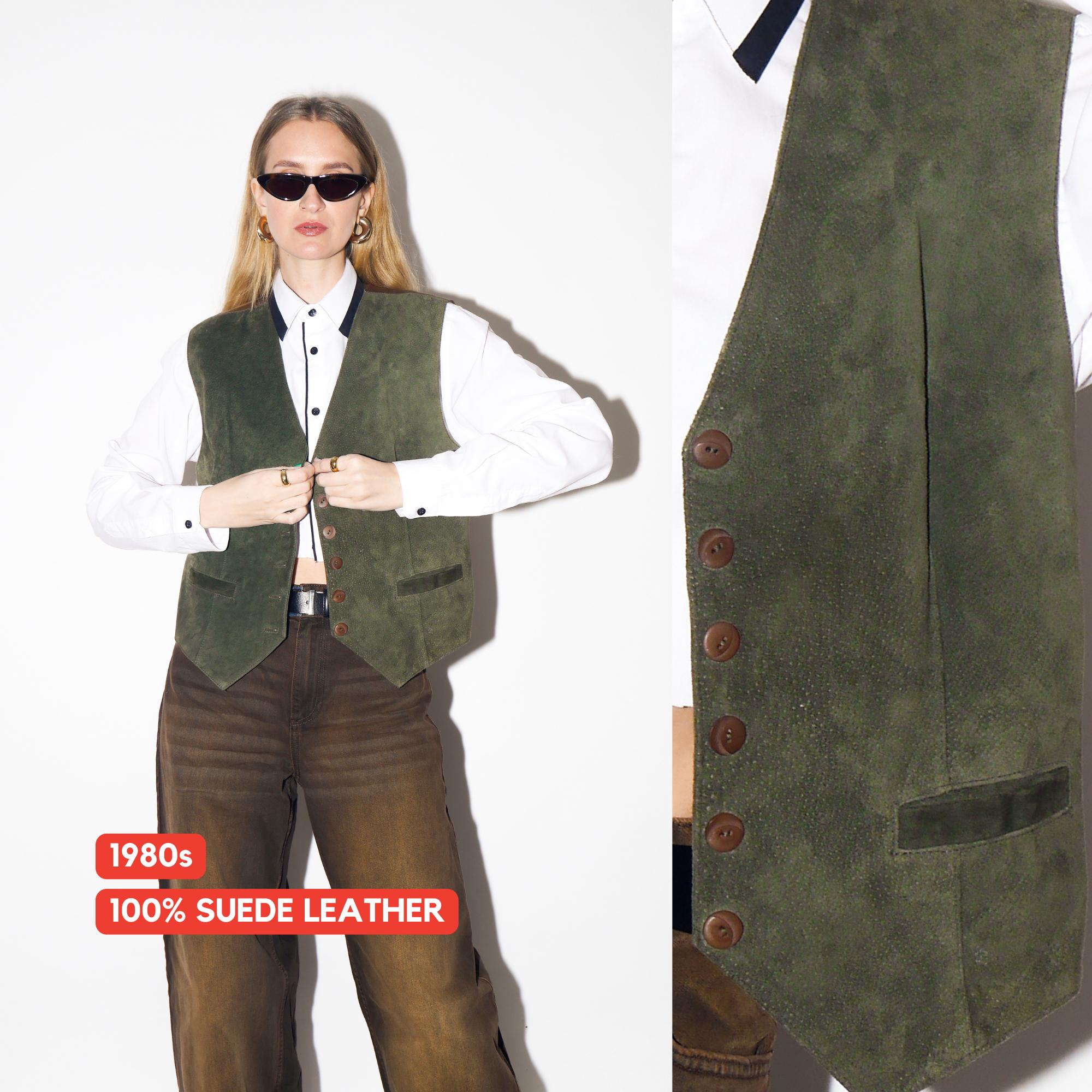 VINTAGE Bottle Green Suede Leather Vest from 1980s by Kippie®