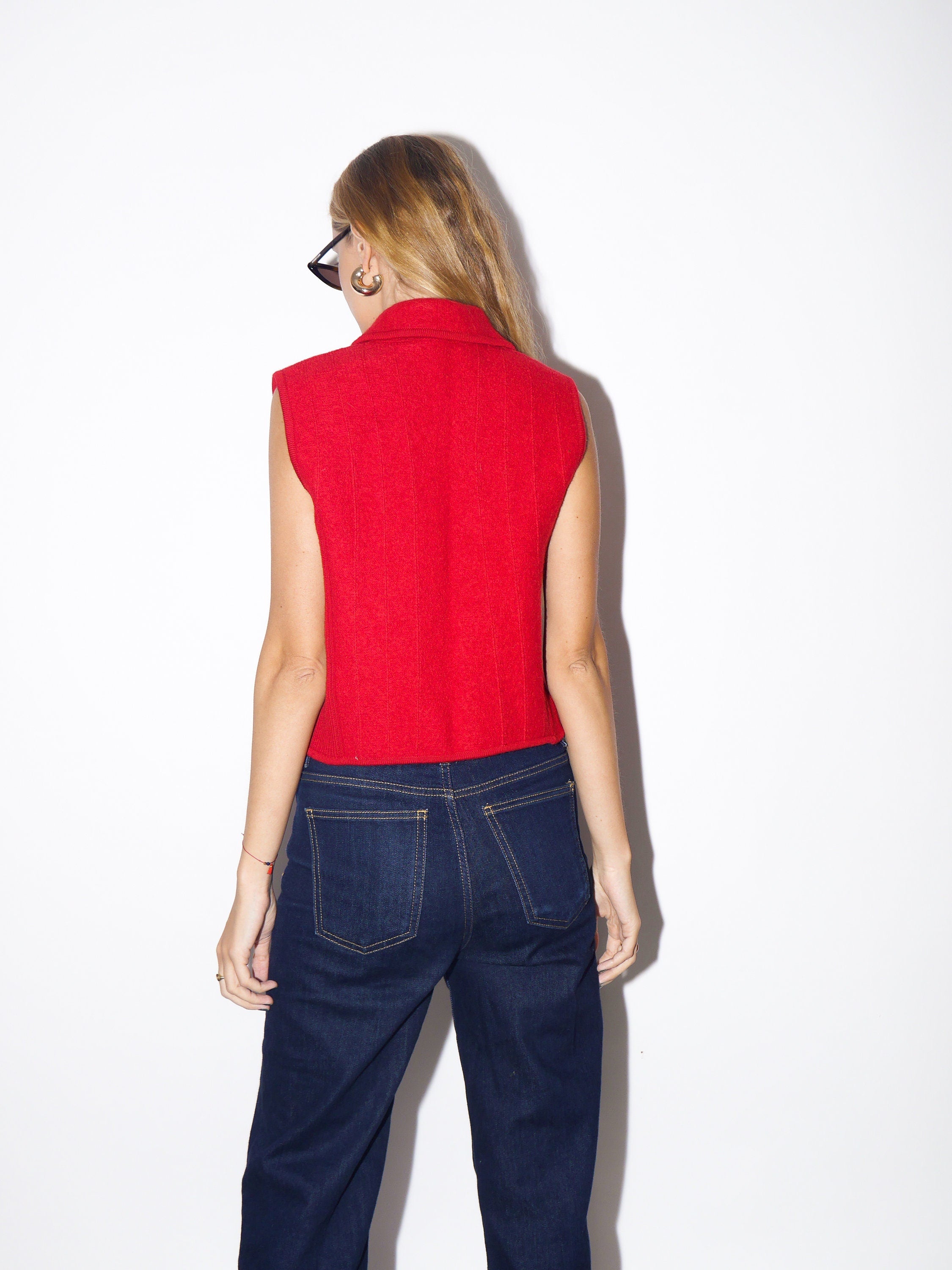 VINTAGE red 100% wool womens sleeveless polo shirt/vest  from 1980s by Geiger® with small metal logo label | premium quality red vest