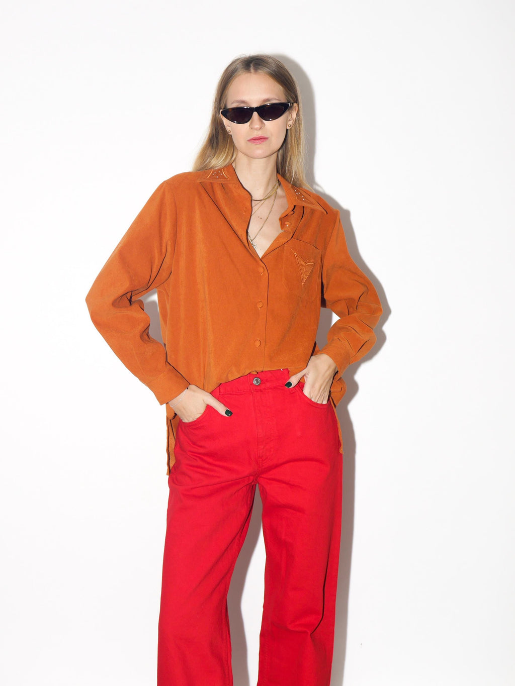 VINTAGE Rust Orange Embroidered Button Down Blouse From The 1980s
