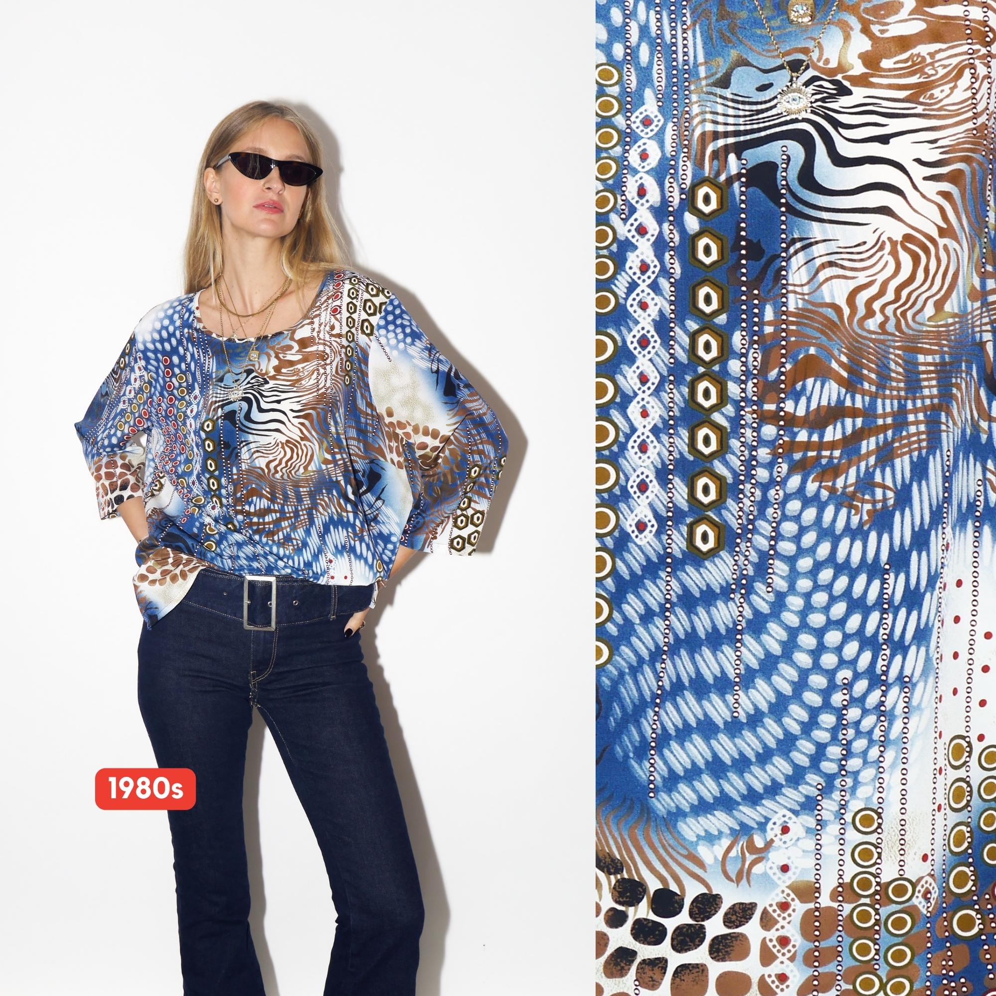 VINTAGE Abstract Print Oversized Blouse From The 1980s With Blue Brown And White Animal Pattern