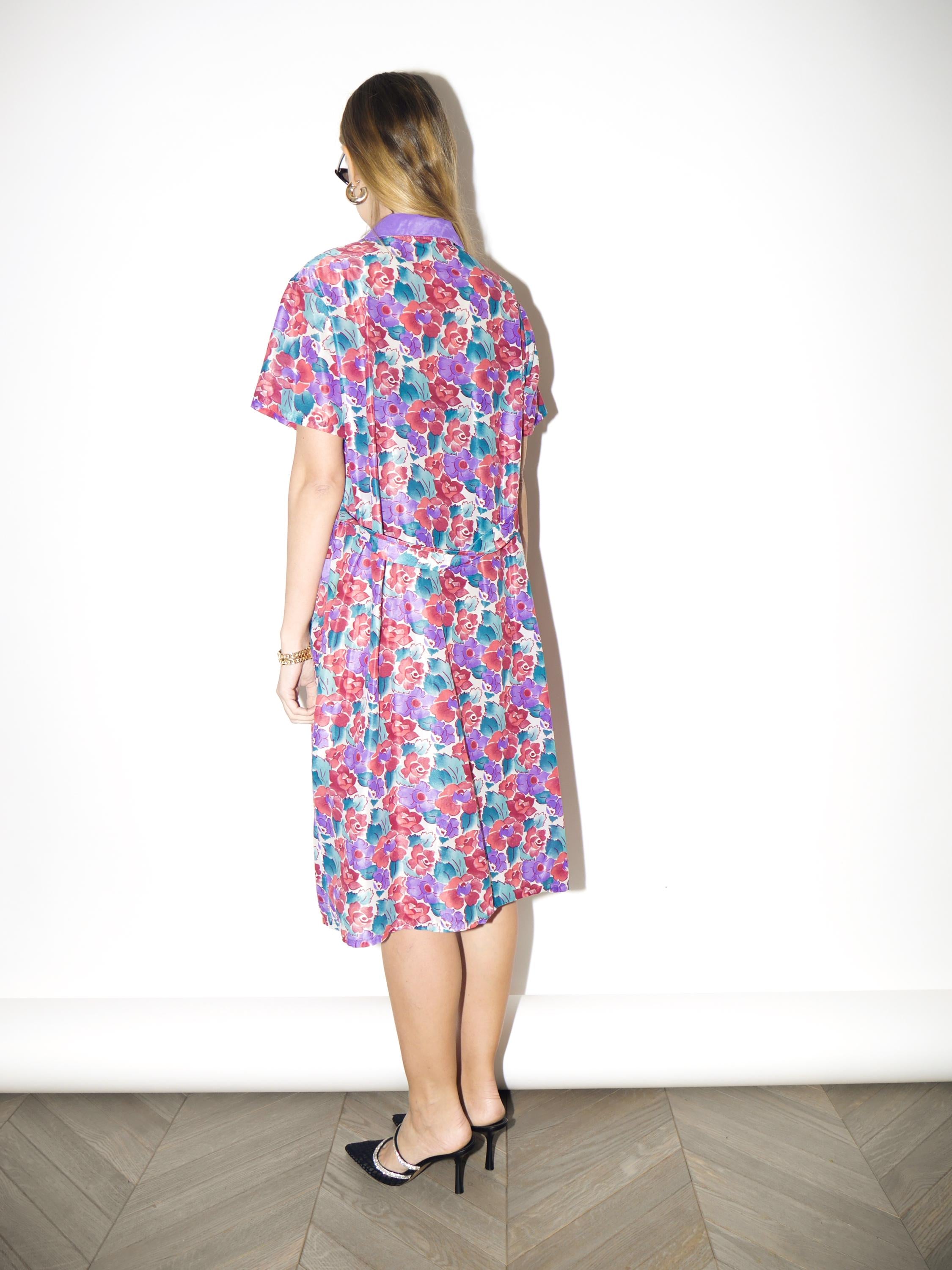 VINTAGE Floral Purple & Red Midi Dress from 1980s | Short Sleeve Floral Dress