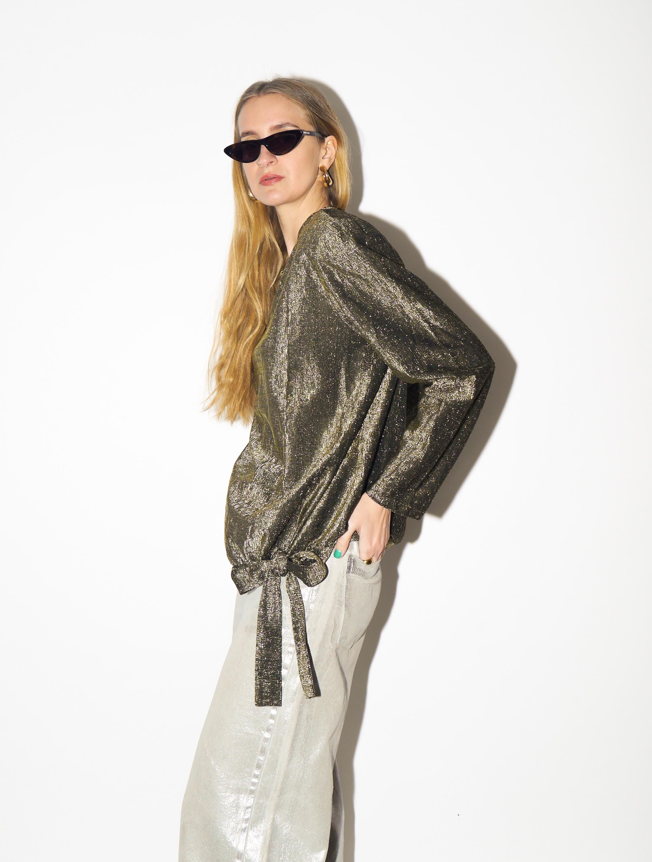 VINTAGE Gold Metallic Blouse from 1980s | Bow Detail & Big Shoulder Pads Blouse