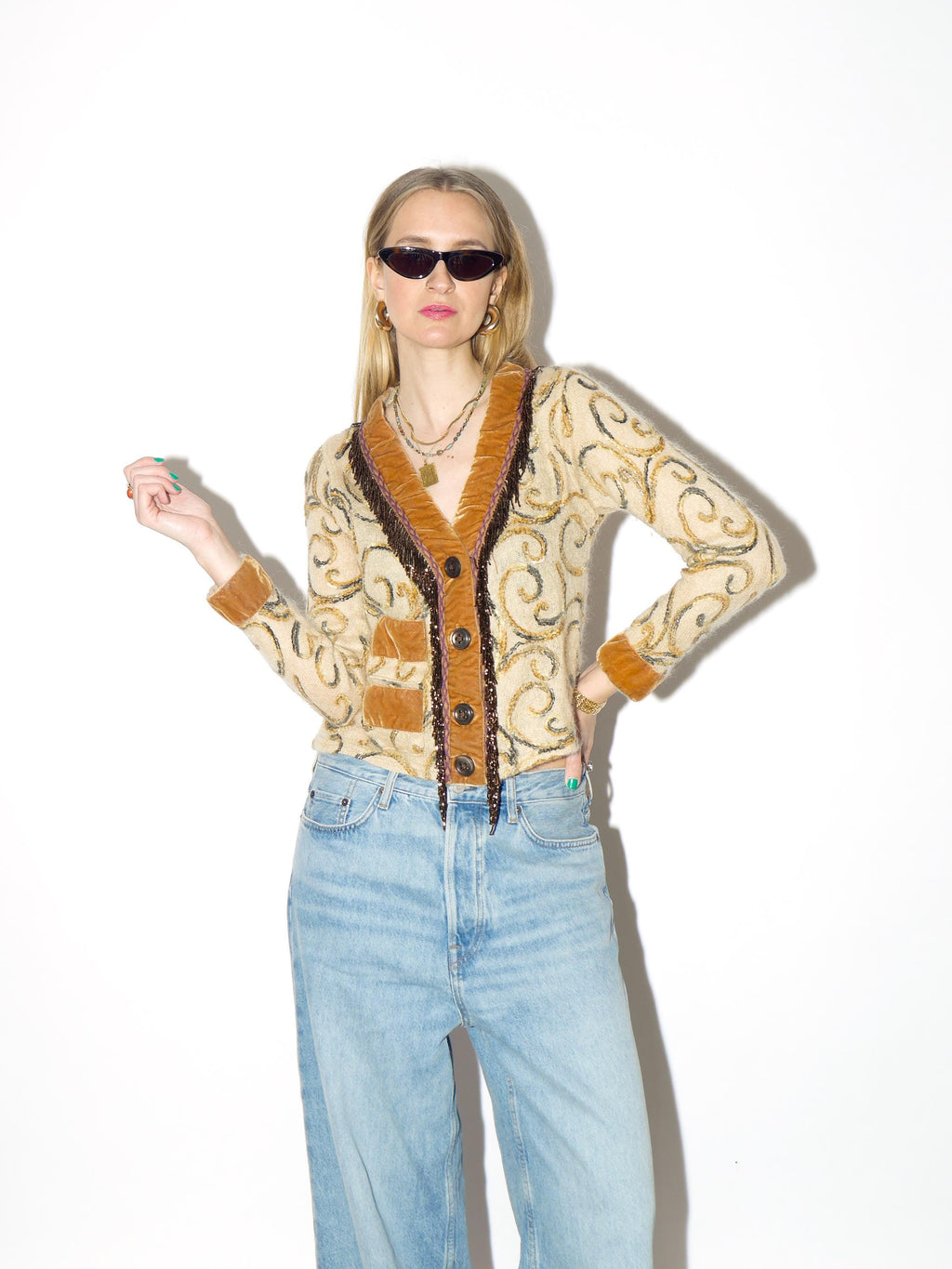 VINTAGE beige mohair cardigan from 1990s with bead embroidery, velvet elements
