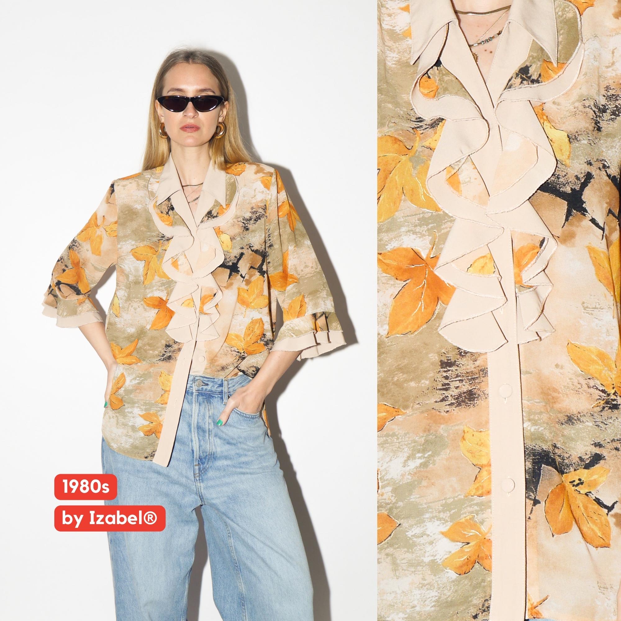 VINTAGE Beige & Yellow Leaf Print Blouse from 1980s | Retro Jabot Shirt by Izabel®