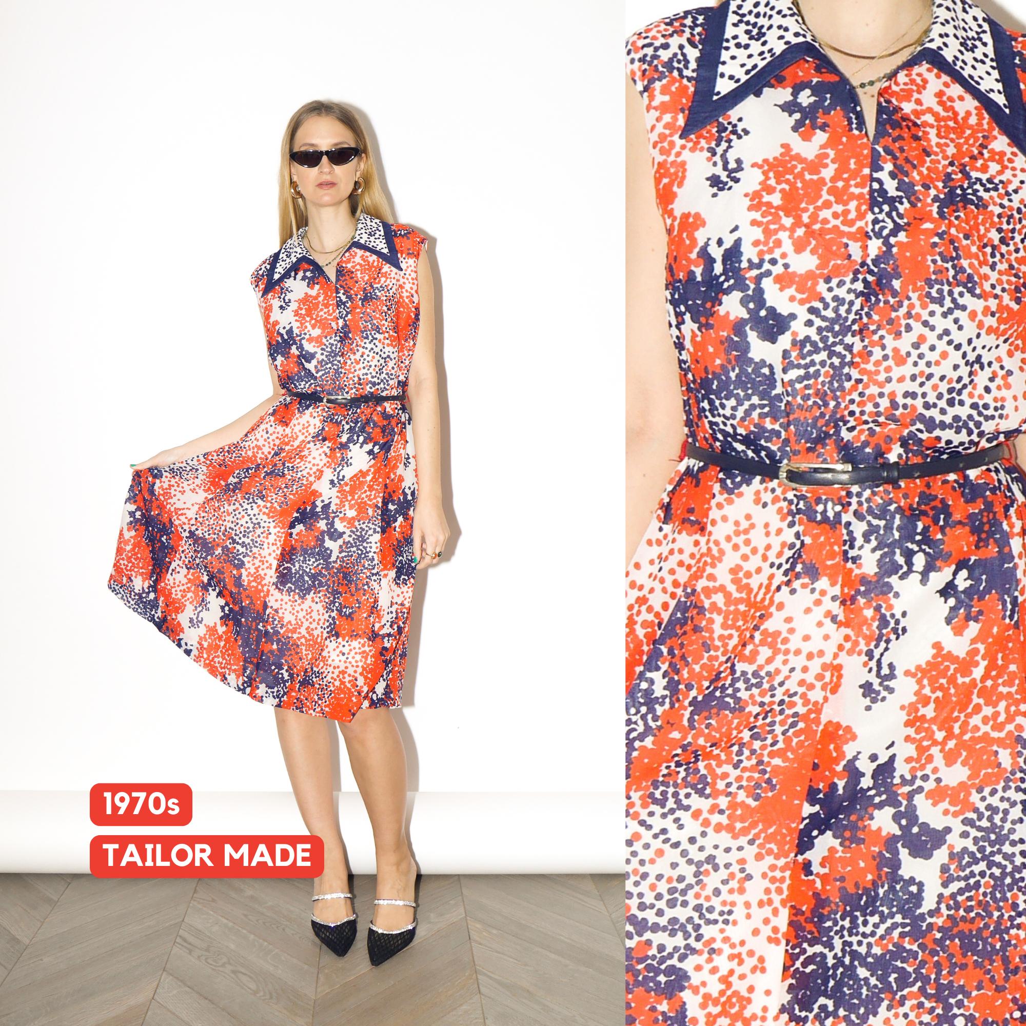VINTAGE Polka Dot Sleeveless Dress from 1970s | White Orange Navy Flowy Dress