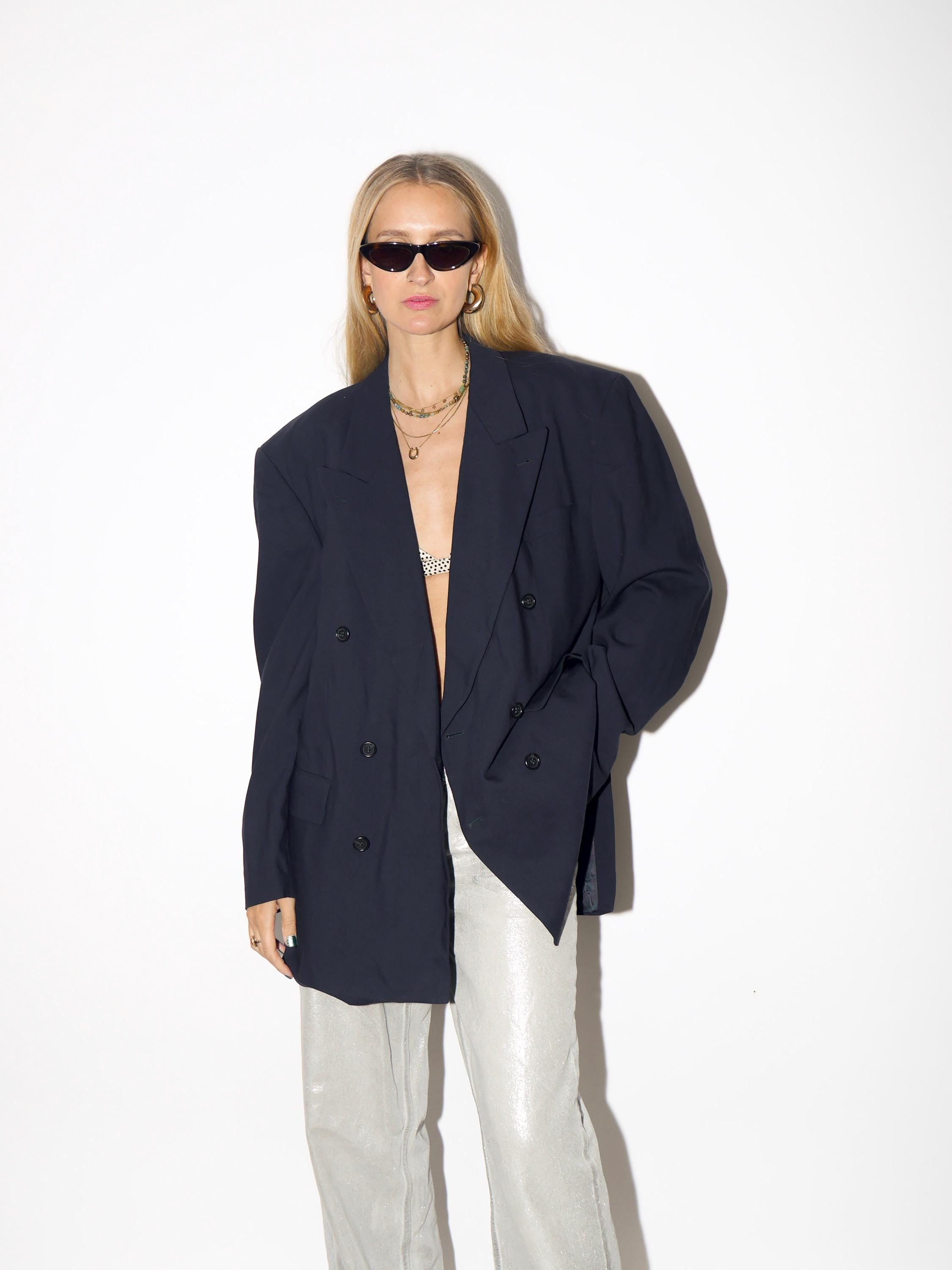 1980s Graphite Wool Blazer - Vintage Double-Breasted Oversize Blazer with Shoulder Pads by Finkmann Excl, Retro Fashion Clothing for Women