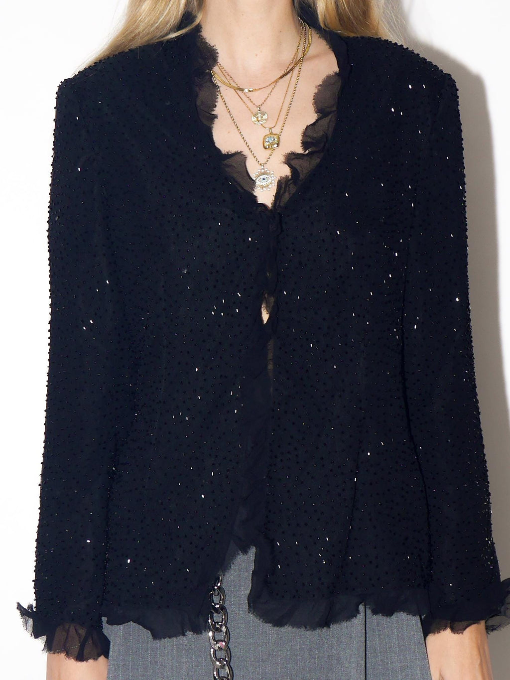 VINTAGE 100% Silk Black Beaded Ruffle Blouse From The 1980s By Murek Fashion