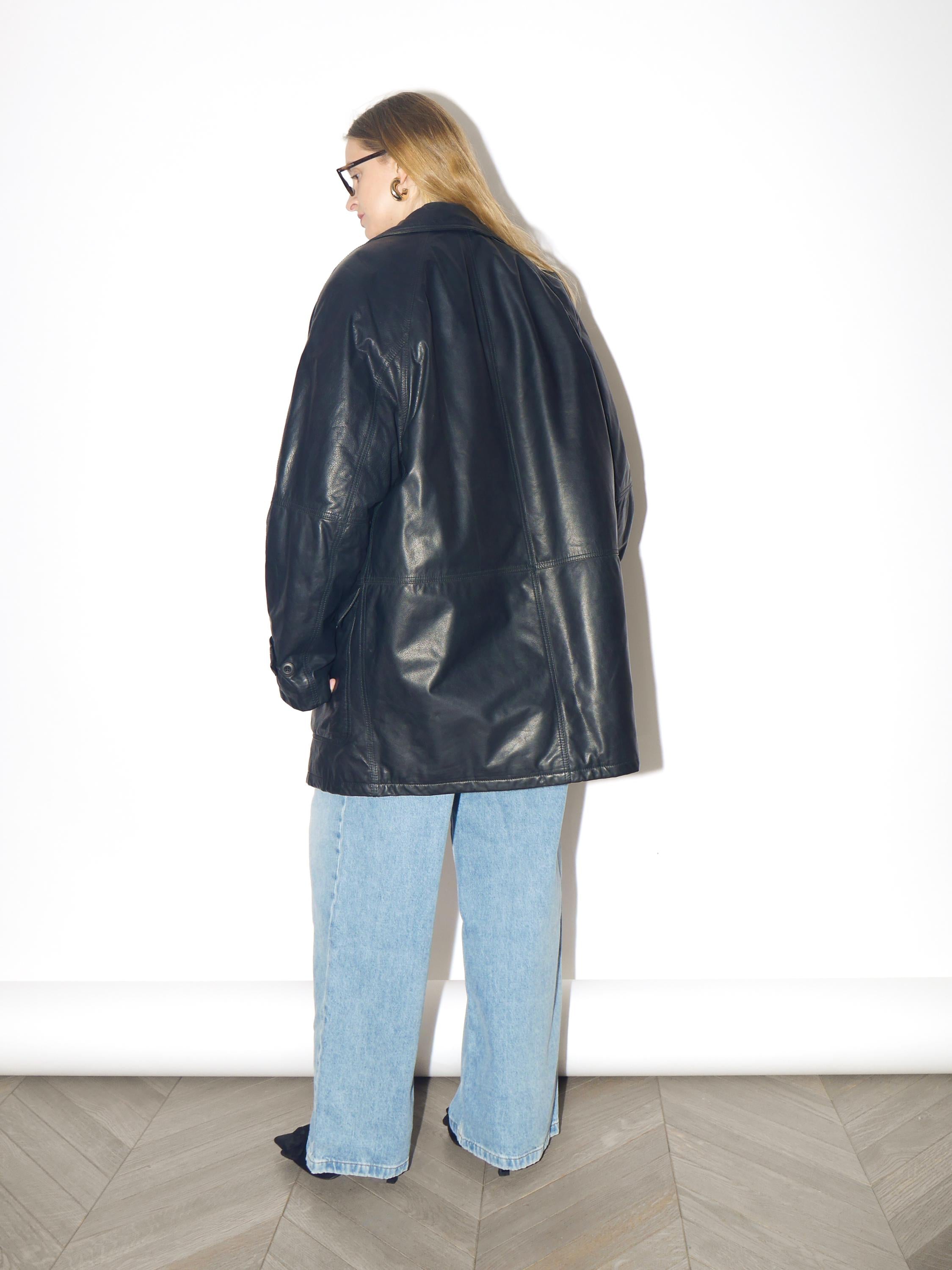VINTAGE Black Leather Jacket from 1980s | Oversize Insulated Leather Jacket