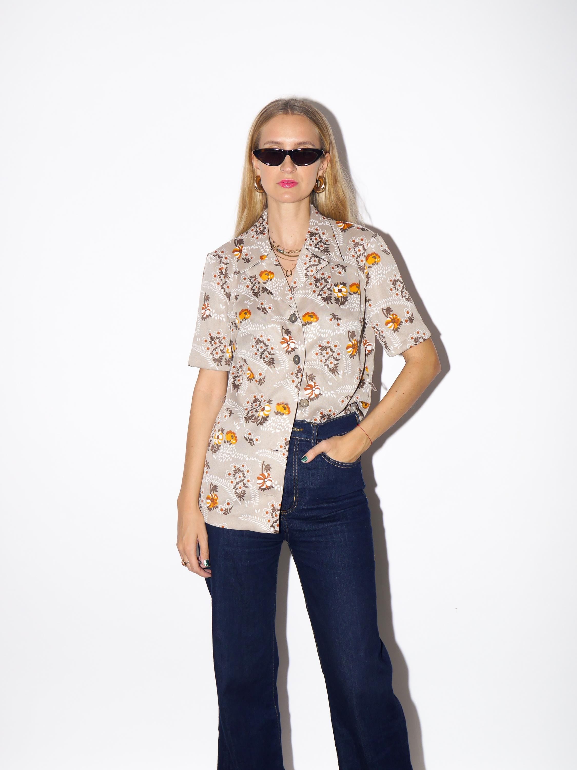1970s Floral Blouse - Vintage Beige Shirt with Orange Pattern, Short Sleeve Shirt with Belt Loops, Retro Fashion Clothing for Women