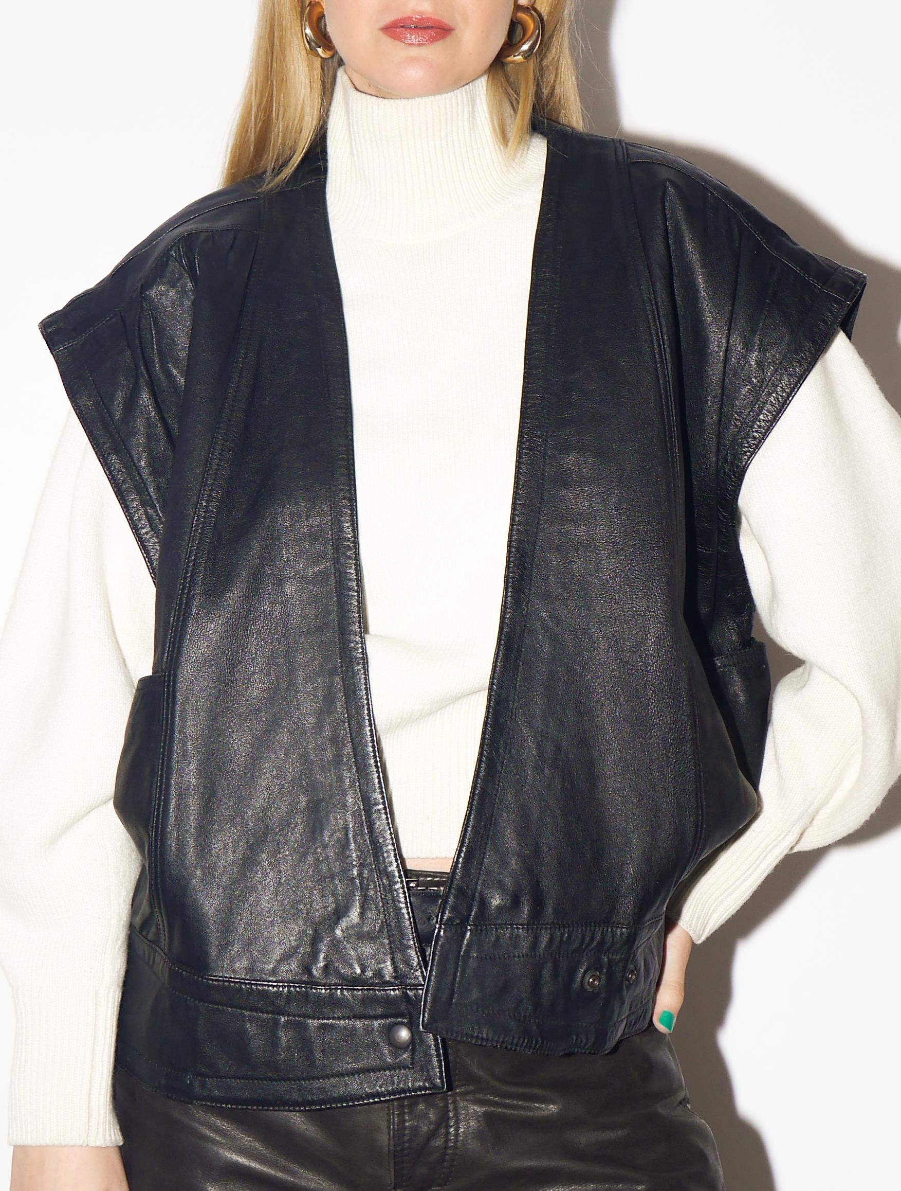 VINTAGE Black Leather Vest from 1980s | Oversized Black Leather Waistcoat