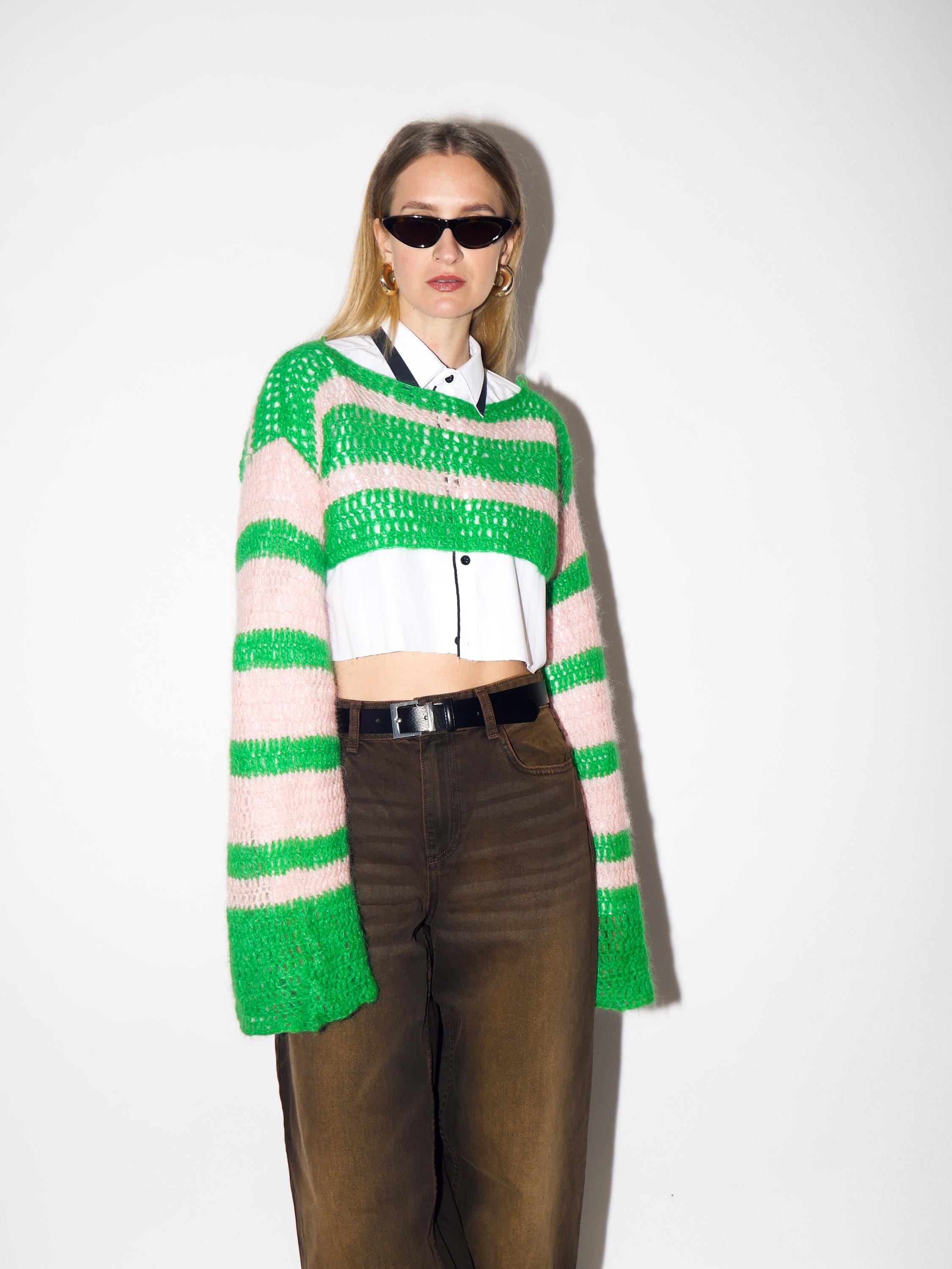 VINTAGE Pink & Green Hand Knitted Wool Cropped Sweater from 1980s