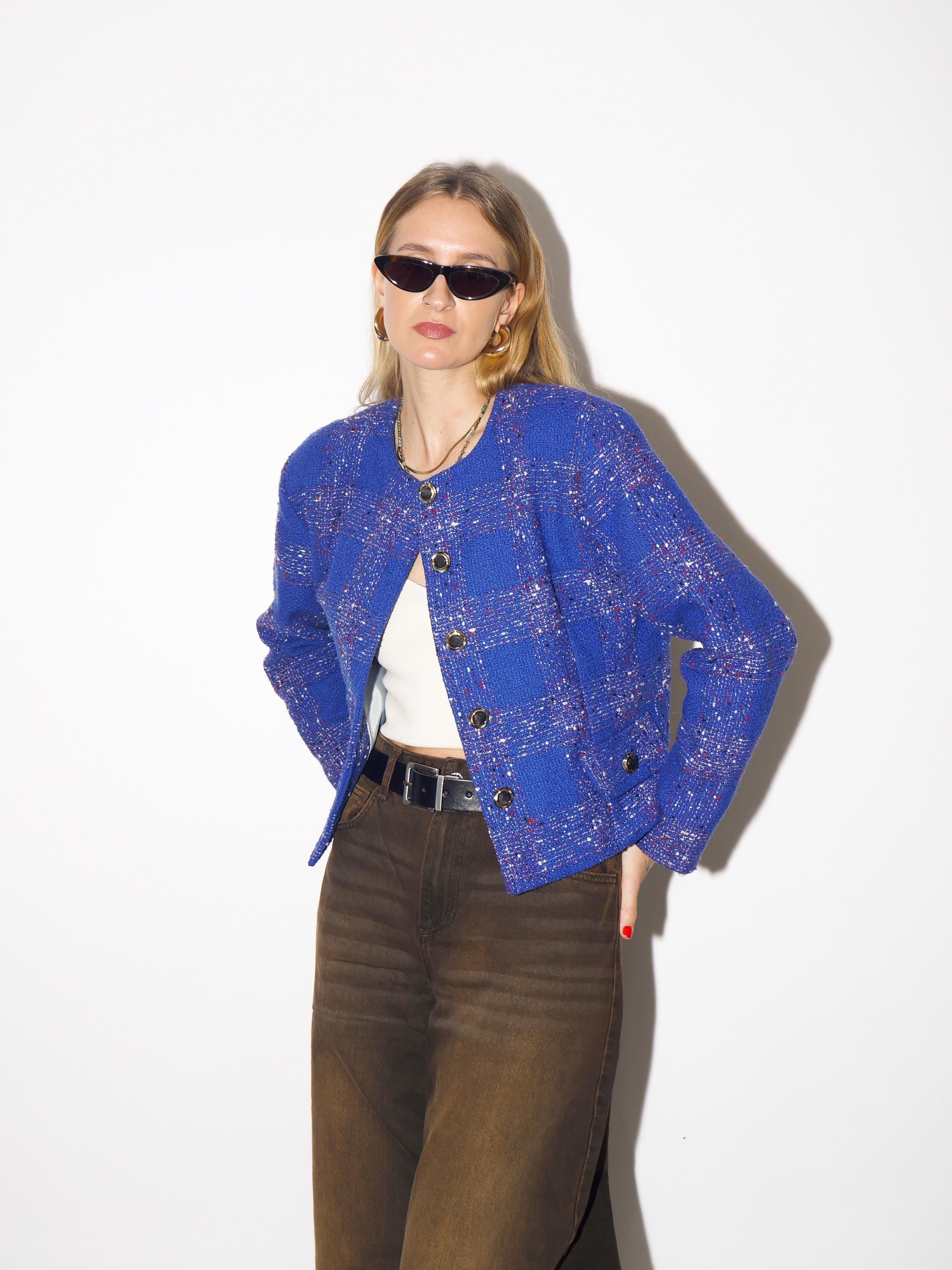 VINTAGE tweed blazer in cobalt blue, short blazer from 1980s by Catherine®