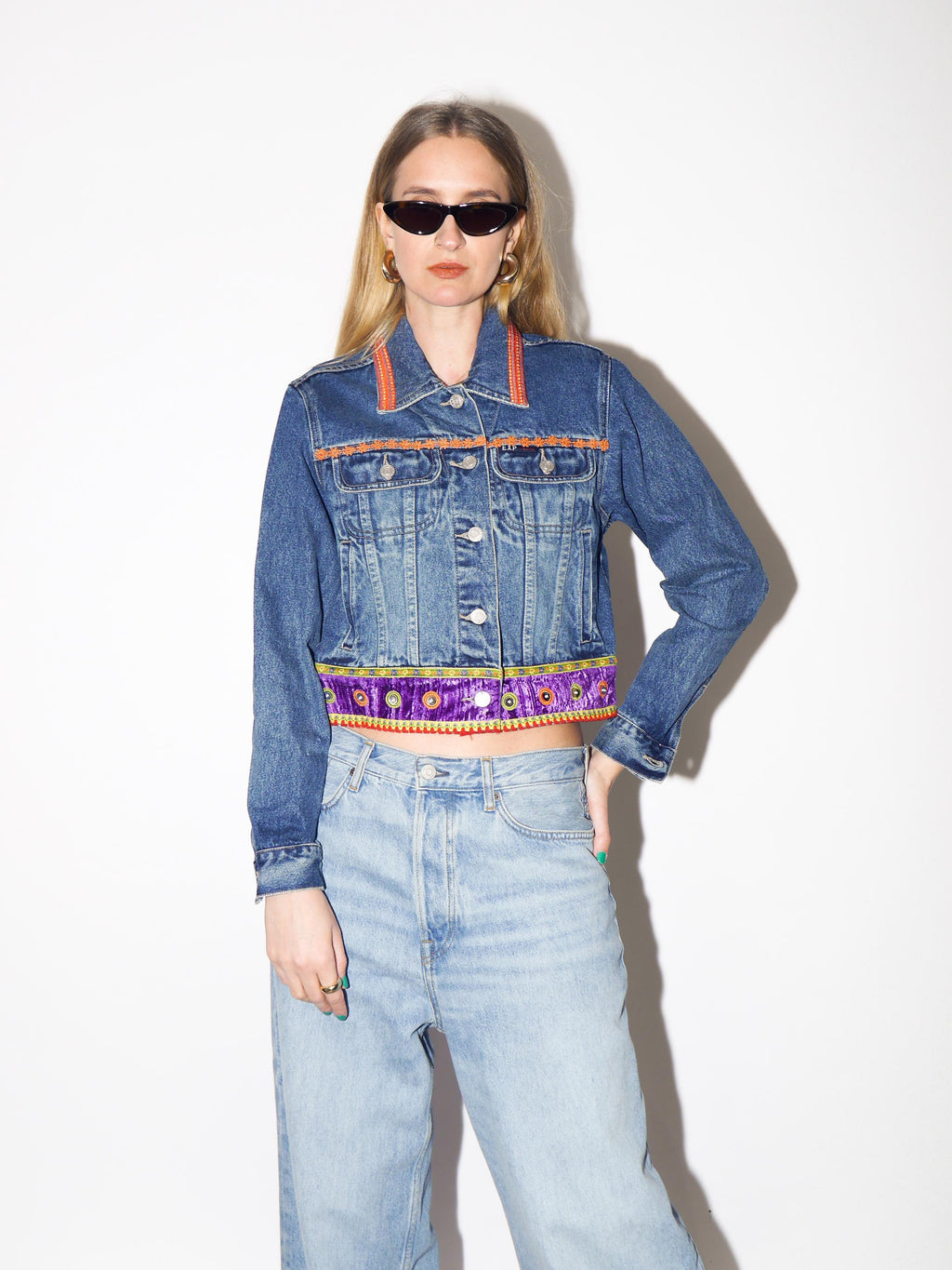 VINTAGE Cropped Jeans Jacket with Hippie Boho Elements from 1990s