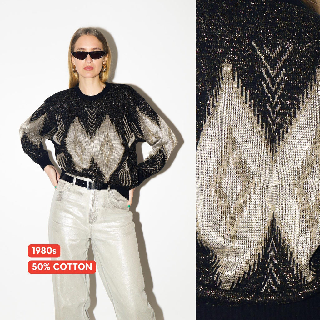 VINTAGE Black Metallic Cotton Sweater from 1980s | Gold & Silver Pullover