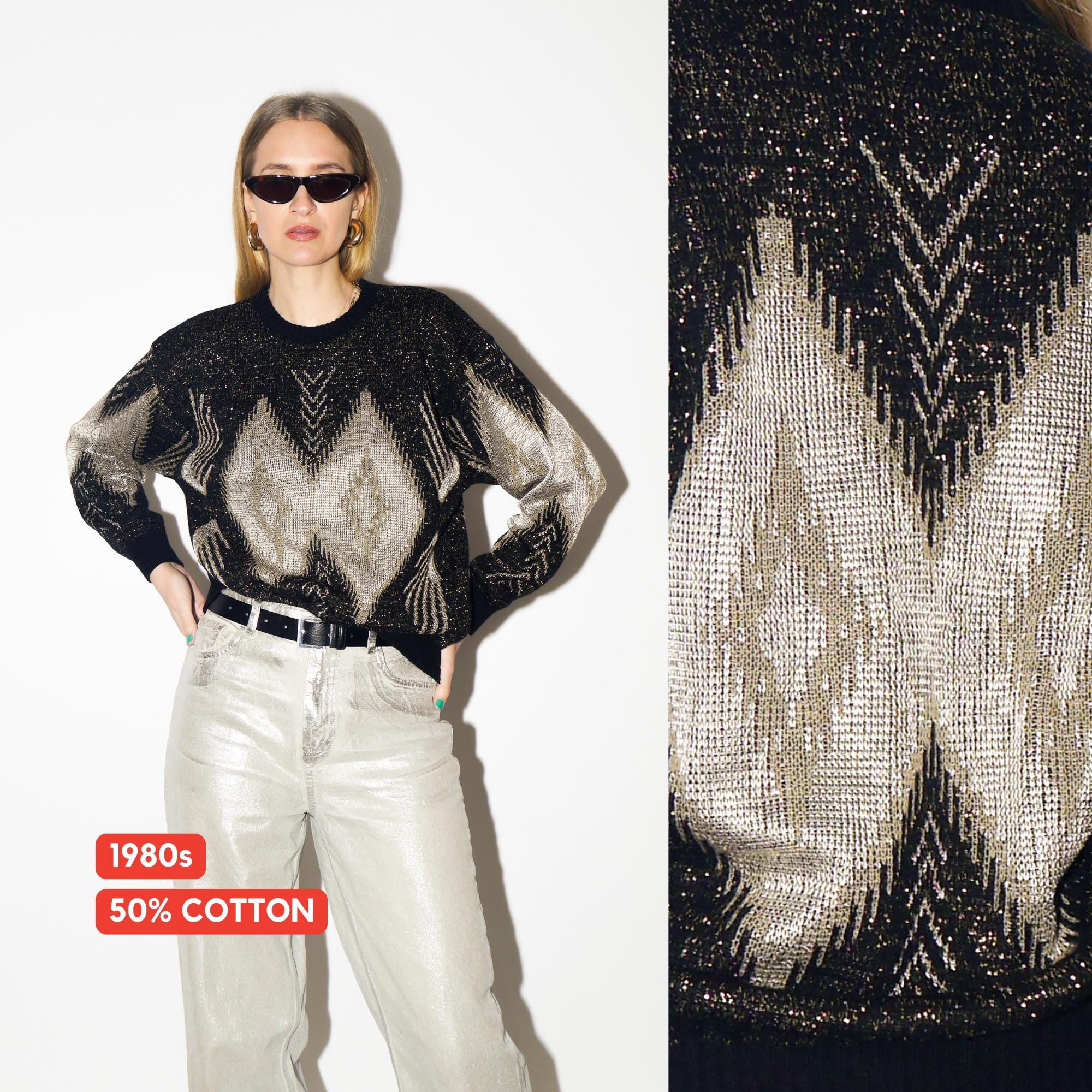 VINTAGE Black Metallic Cotton Sweater from 1980s | Gold & Silver Pullover