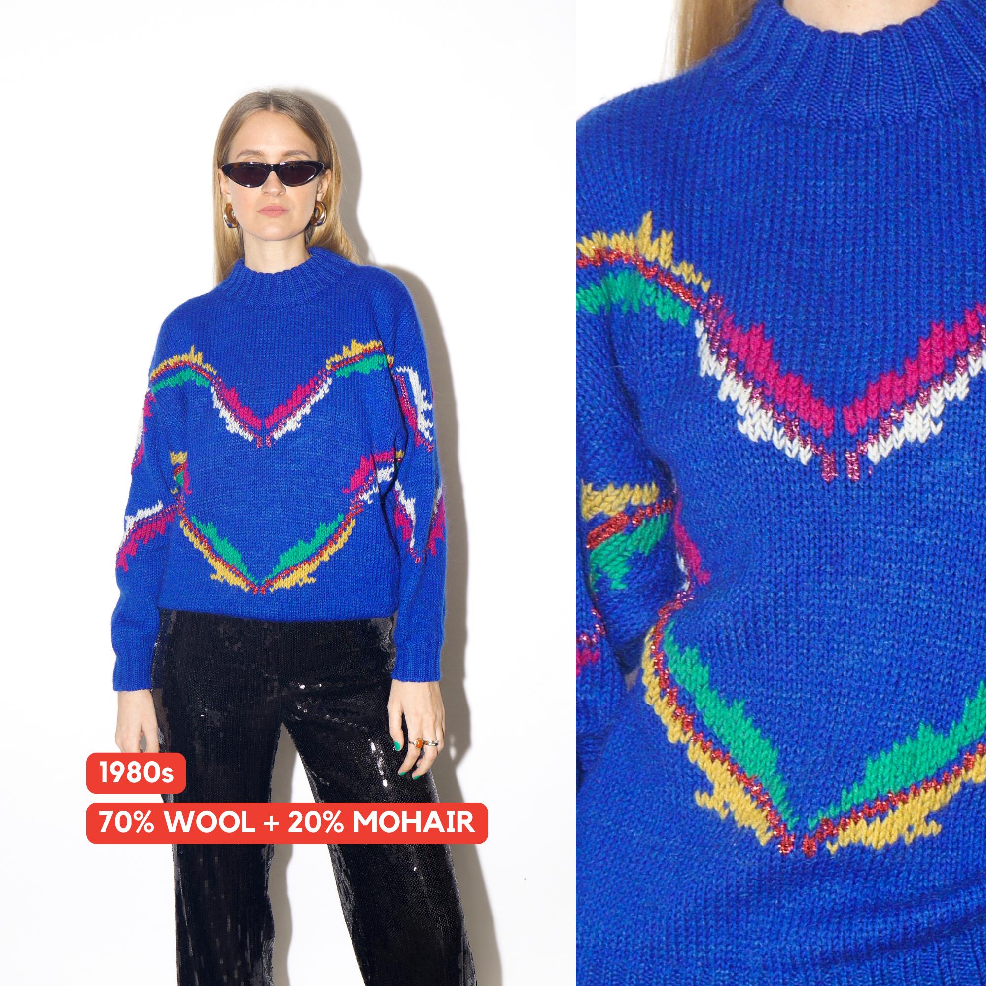 VINTAGE wool and mohair cobalt sweater from 1980s | blue half turtleneck sweater
