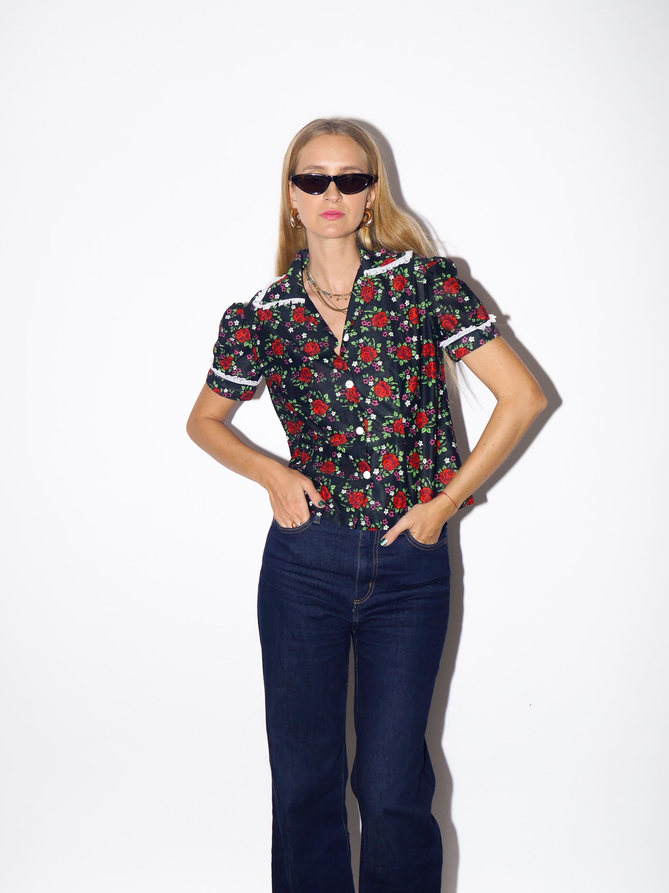 1980s Black Handmade Shirt - Vintage Rose Pattern Shirt with White Lace and Buffet Sleeves, Retro Fashion Clothing for Women