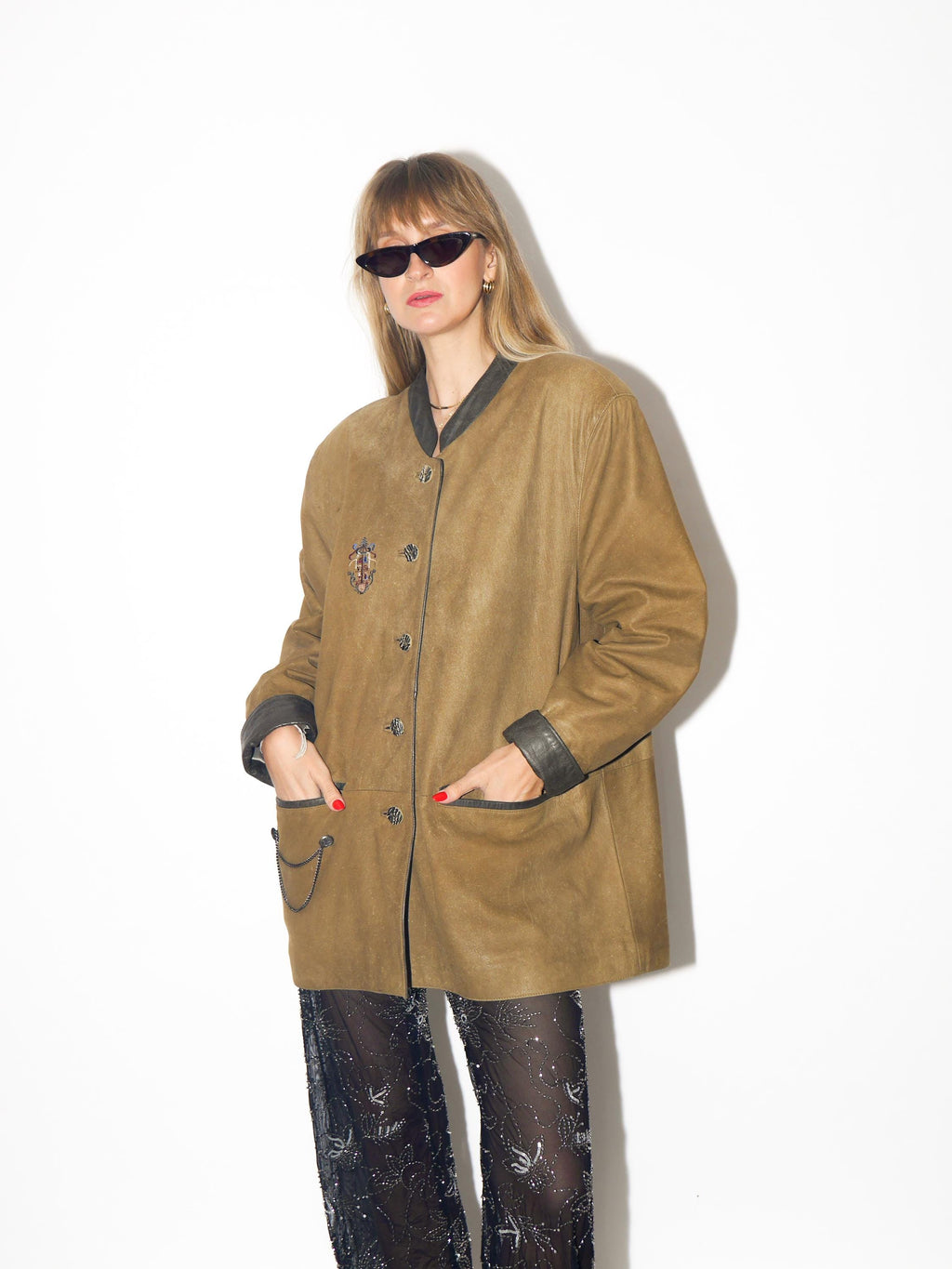 VINTAGE Khaki Brown Matte Leather Jacket With Embroidery From The 1980s by Leather Sound