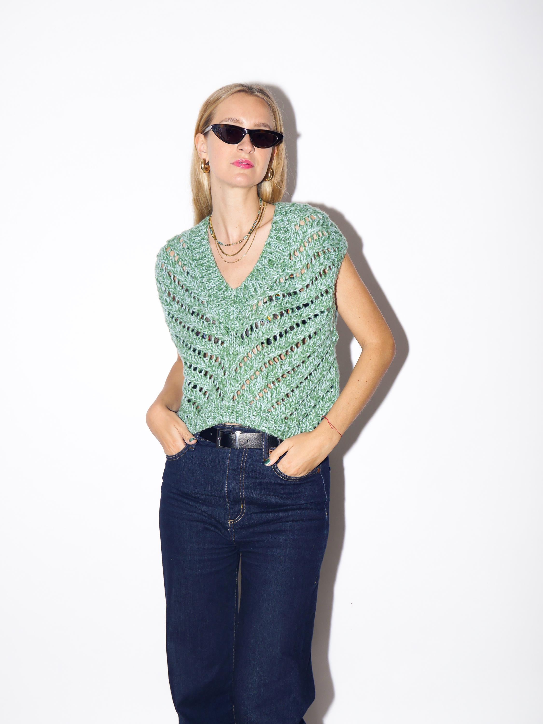 VINTAGE knit vest from 1980s | handmade cropped green knitted vest with openwork